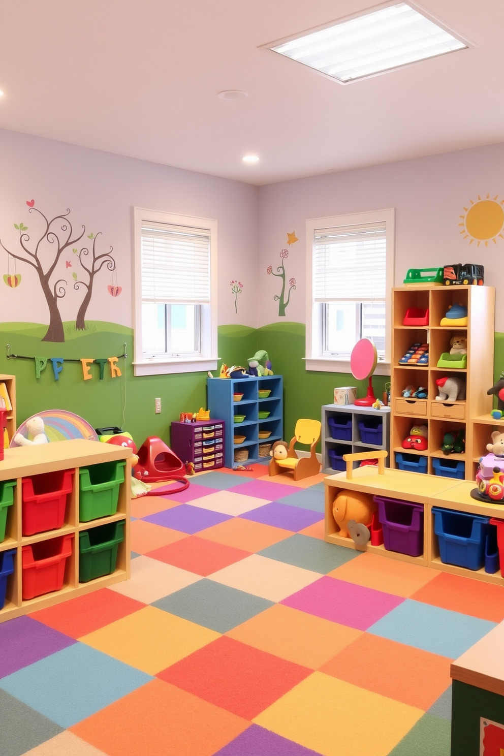 A vibrant children's playroom filled with soft flooring that cushions falls and creates a safe play environment. The walls are painted in cheerful colors with playful murals, and various toys are organized in colorful bins for easy access.