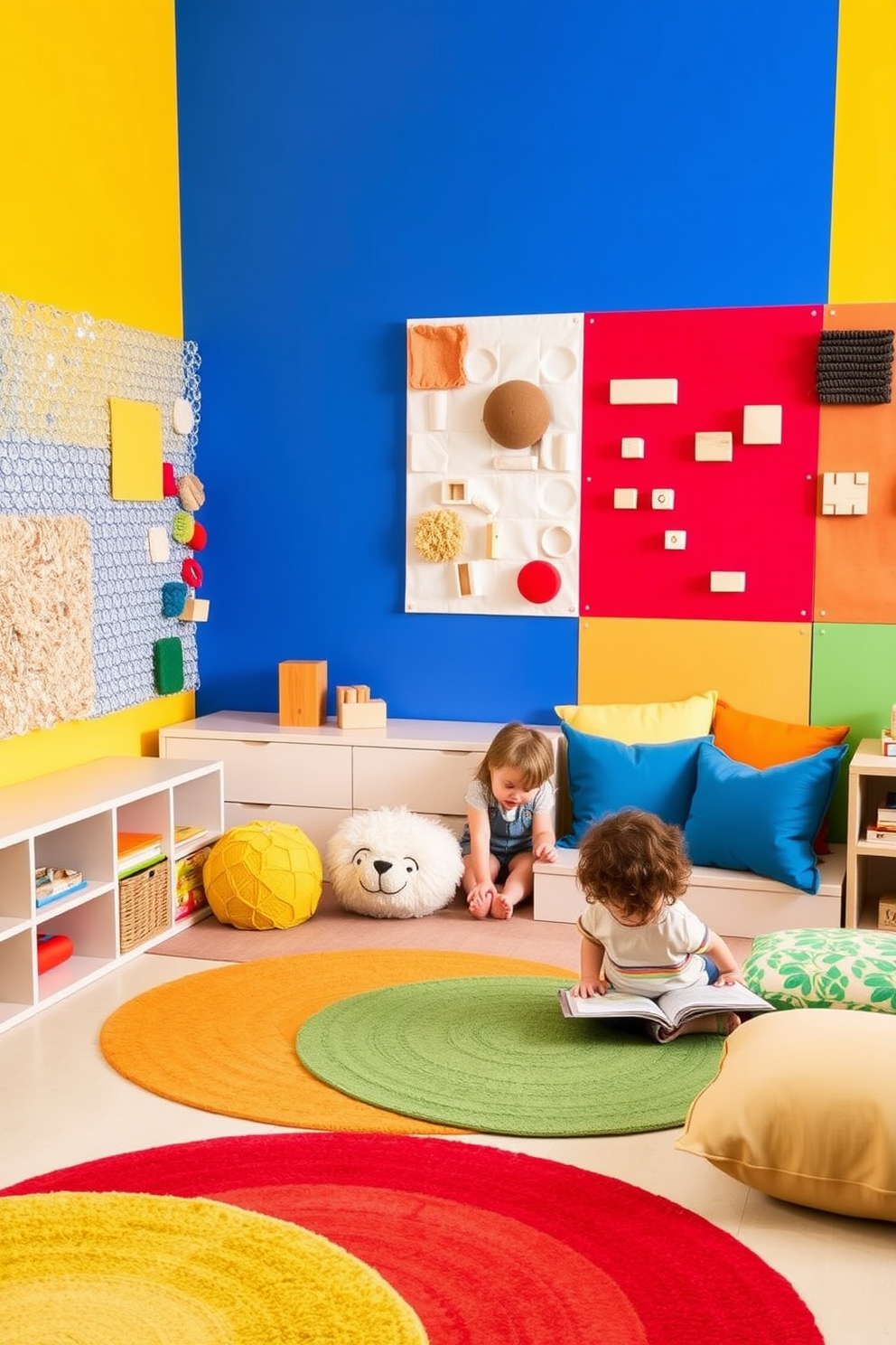 A vibrant children's playroom filled with sensory play elements. The walls are painted in bright primary colors, and soft, textured rugs cover the floor for comfort. In one corner, a sensory wall features various tactile panels, including bubble wrap, textured fabrics, and wooden blocks. A cozy reading nook with oversized cushions invites children to explore books and stories.