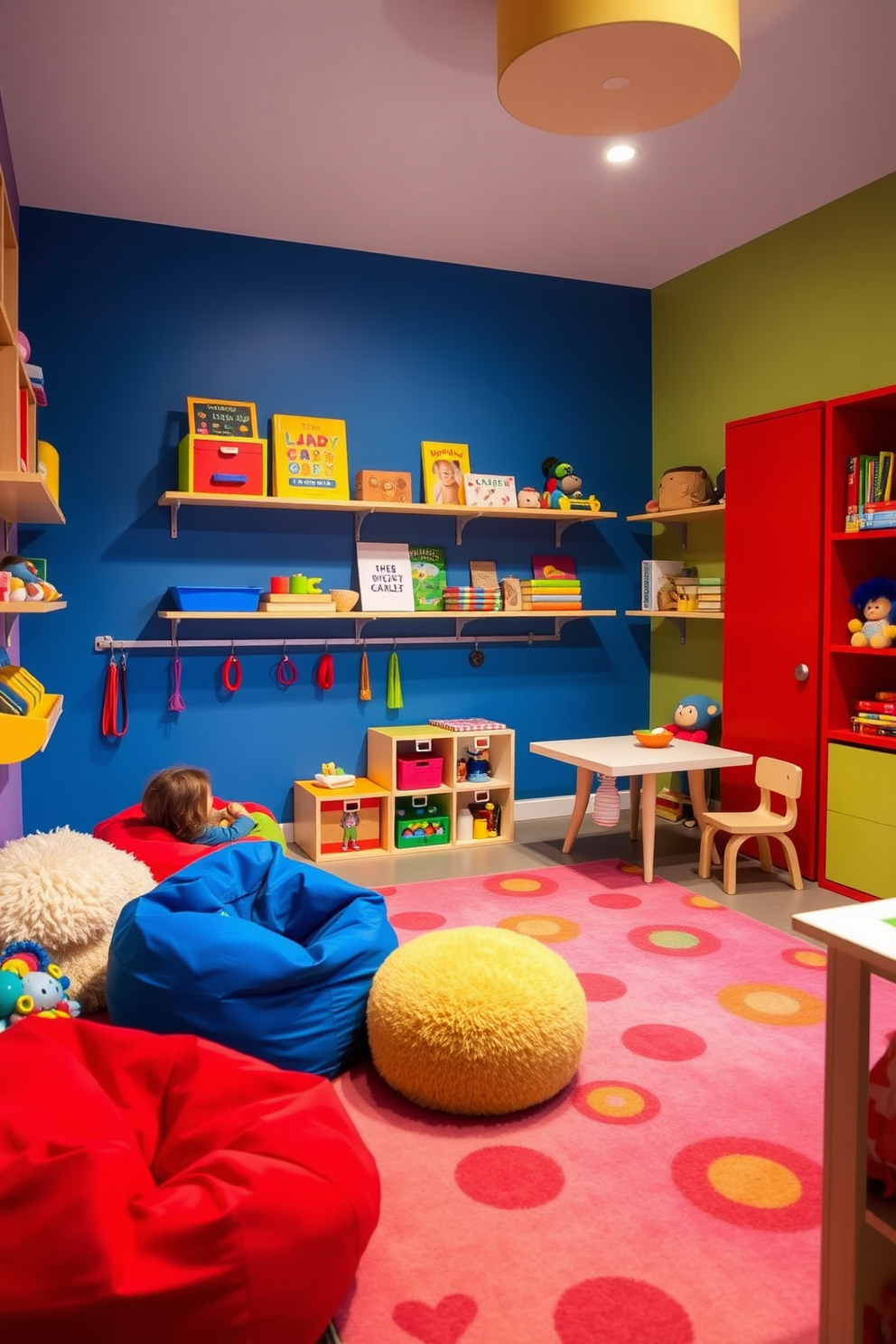 A vibrant children's playroom filled with creativity and fun. The walls are painted in bright primary colors, and wall-mounted shelves are installed at child-friendly heights for easy access to toys and books. Soft, colorful rugs cover the floor, providing a comfortable area for play. A cozy reading nook is created with plush bean bags and a small table for arts and crafts activities.