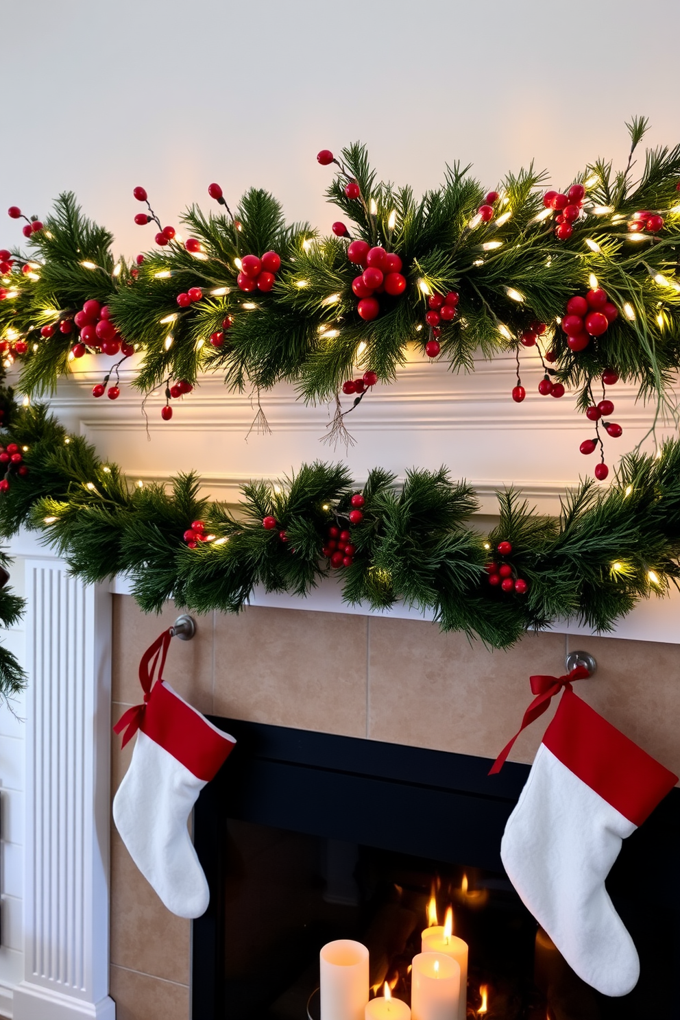 An elegant garland adorned with white lights and red berries gracefully drapes over the mantel. The fireplace below is decorated with stockings and flickering candles, creating a warm and inviting holiday atmosphere.