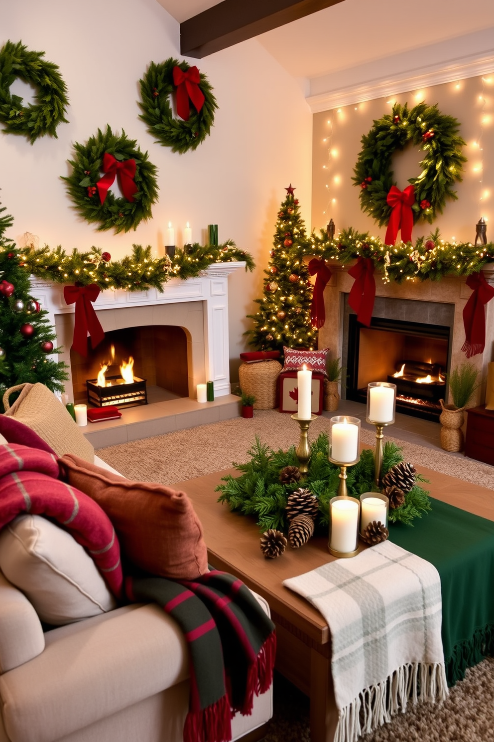 Create a cozy living room adorned with fresh cedar wreaths that bring a natural touch to the Christmas decor. The room features a large fireplace decorated with garlands, and a beautifully set coffee table with seasonal candles and pinecones. Incorporate a plush sofa draped with soft, festive throw blankets in rich reds and greens. The walls are adorned with twinkling fairy lights, enhancing the warm and inviting atmosphere of the holiday season.