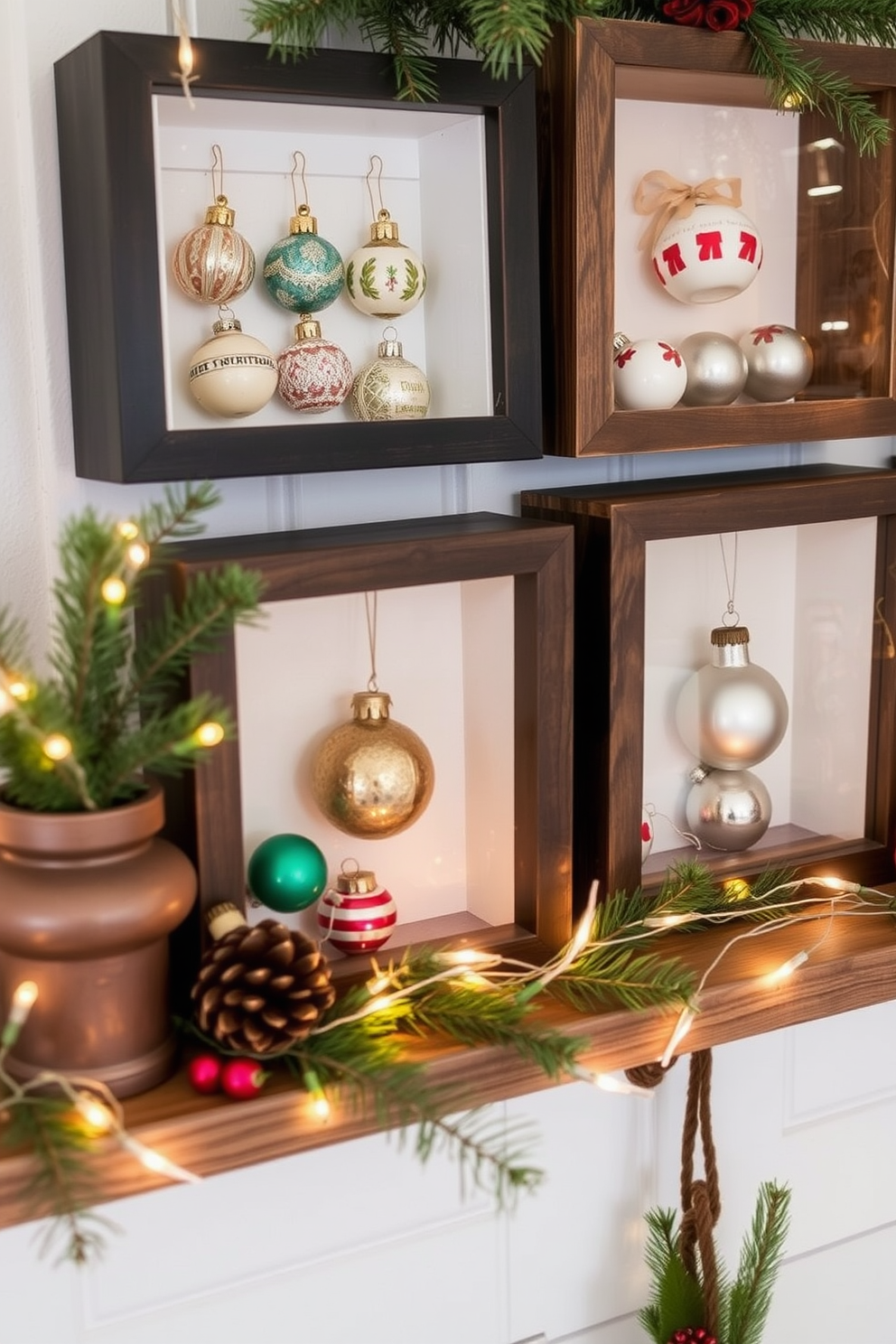 Create a cozy Christmas home decorating scene featuring vintage ornaments displayed in shadow boxes. The shadow boxes are arranged on a rustic wooden shelf, adorned with twinkling fairy lights and pine branches for a festive touch.