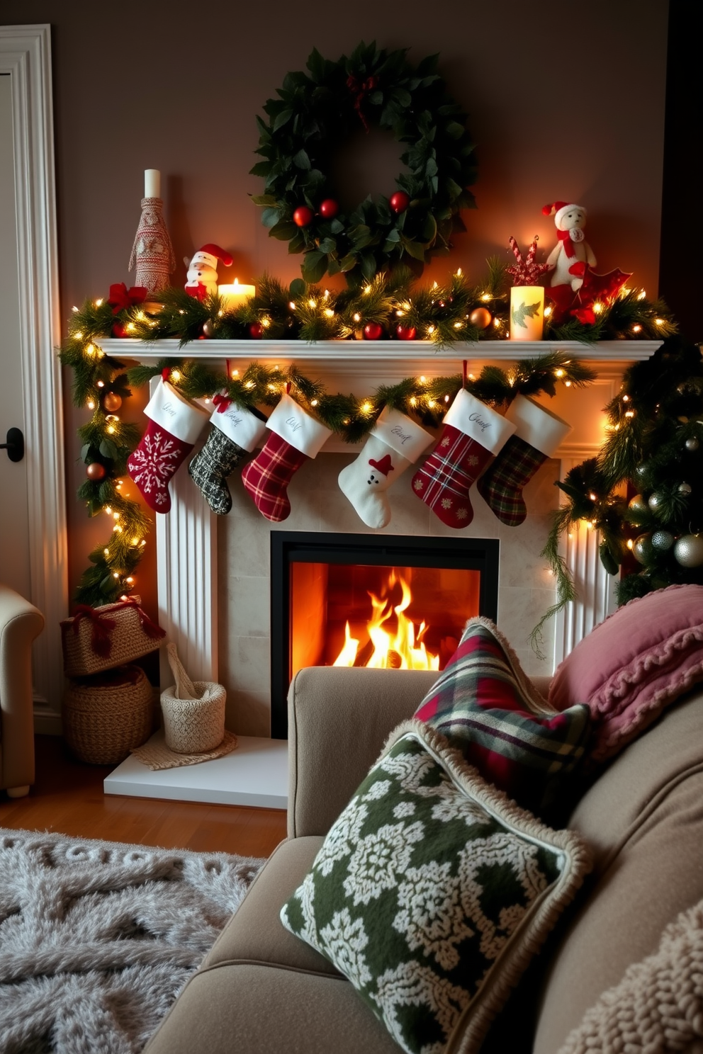 A cozy living room adorned for Christmas. A beautifully decorated fireplace is the focal point, with stockings hung with care, each featuring unique patterns and colors. The mantle is draped with greenery and twinkling fairy lights, creating a warm and inviting atmosphere. Plush throws and festive cushions are arranged on a comfortable sofa, enhancing the holiday spirit.