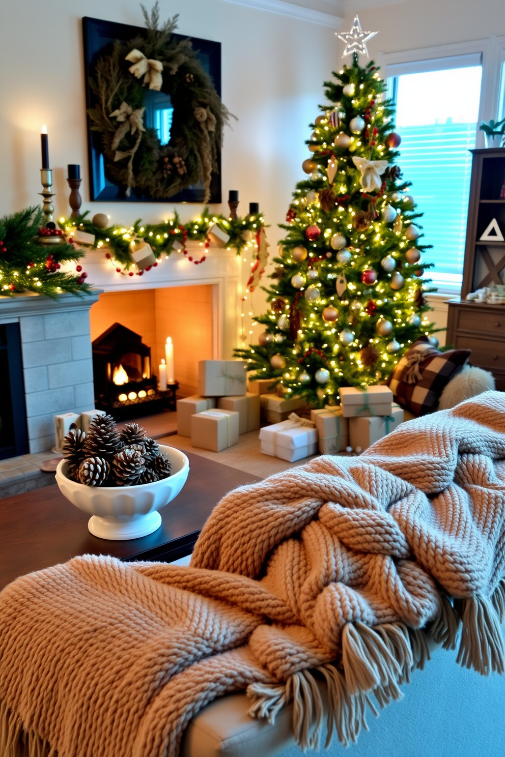 A cozy living room adorned with natural decor for Christmas. Pinecones and berries are strategically placed in decorative bowls and on the mantelpiece to create a warm festive atmosphere. The Christmas tree is decorated with twinkling lights and rustic ornaments, surrounded by wrapped gifts. A plush throw blanket drapes over the sofa, inviting relaxation and holiday cheer.