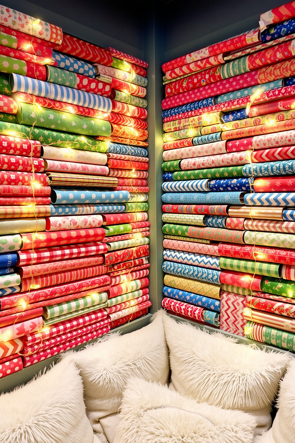 Creative wrapping paper display on walls. A vibrant assortment of colorful wrapping papers in various patterns is artfully arranged on the walls, creating a festive atmosphere. Twinkling fairy lights are draped around the edges, adding a warm glow to the display. A cozy seating area with plush cushions invites guests to enjoy the holiday spirit.