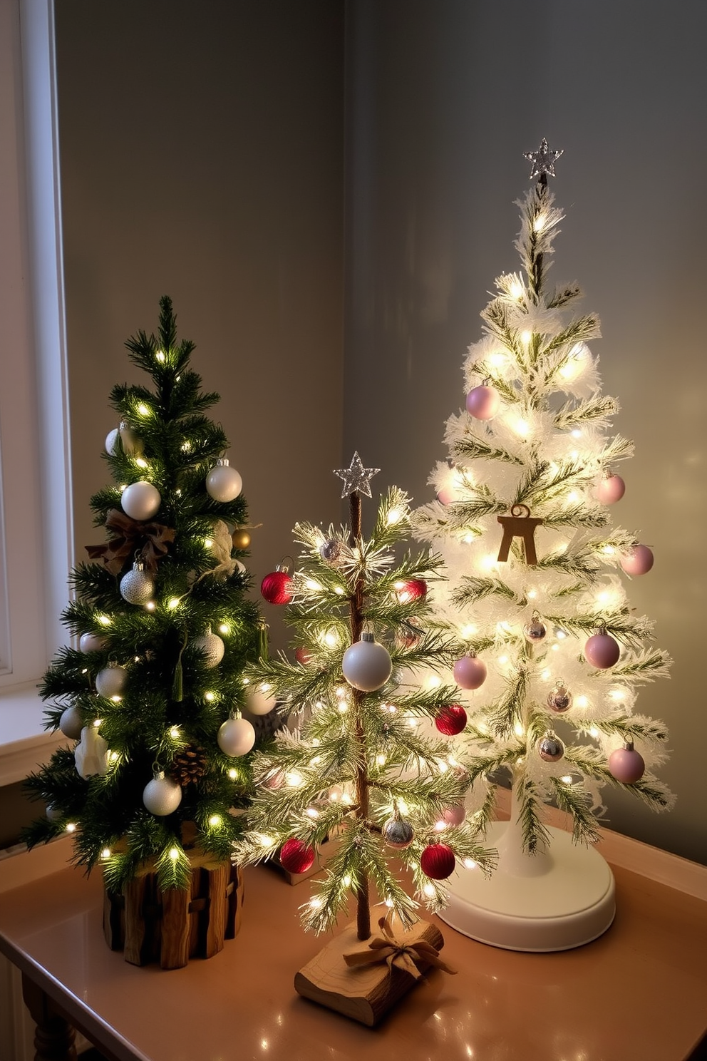 Mini Christmas trees are placed in every room, each adorned with unique ornaments that reflect the individual style of the space. The living room features a tree with rustic decorations, while the bedroom showcases a tree with soft, pastel colors and delicate lights.