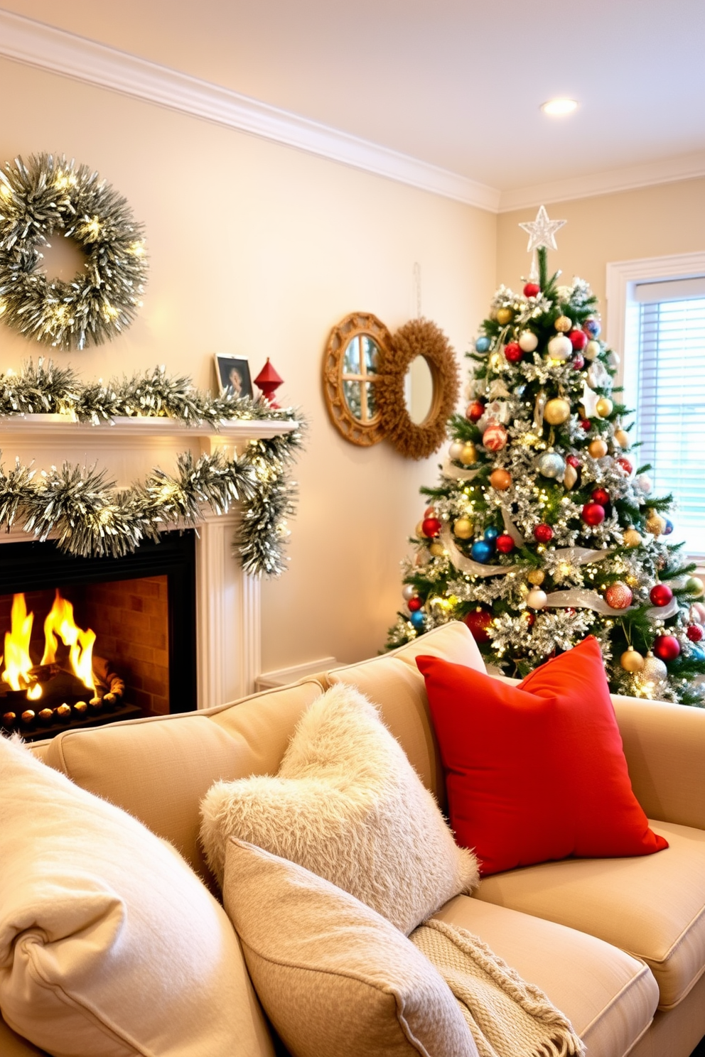 A cozy living room adorned with sparkling tinsel accents. The fireplace is decorated with garlands of tinsel and twinkling lights, creating a warm and inviting atmosphere. The Christmas tree stands proudly in the corner, draped with shimmering tinsel and colorful ornaments. Plush cushions and a soft throw blanket in festive colors enhance the comfort of the space.