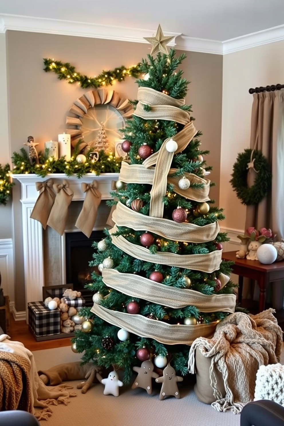 Create a cozy Christmas living room adorned with burlap ribbons. The fireplace is decorated with garlands made of pine and twinkling fairy lights, while burlap ribbons are elegantly draped across the mantel. In the center of the room, a large Christmas tree is beautifully wrapped with burlap ribbon, complemented by rustic ornaments. Surrounding the tree, handmade decorations and warm, inviting throws add to the festive atmosphere.