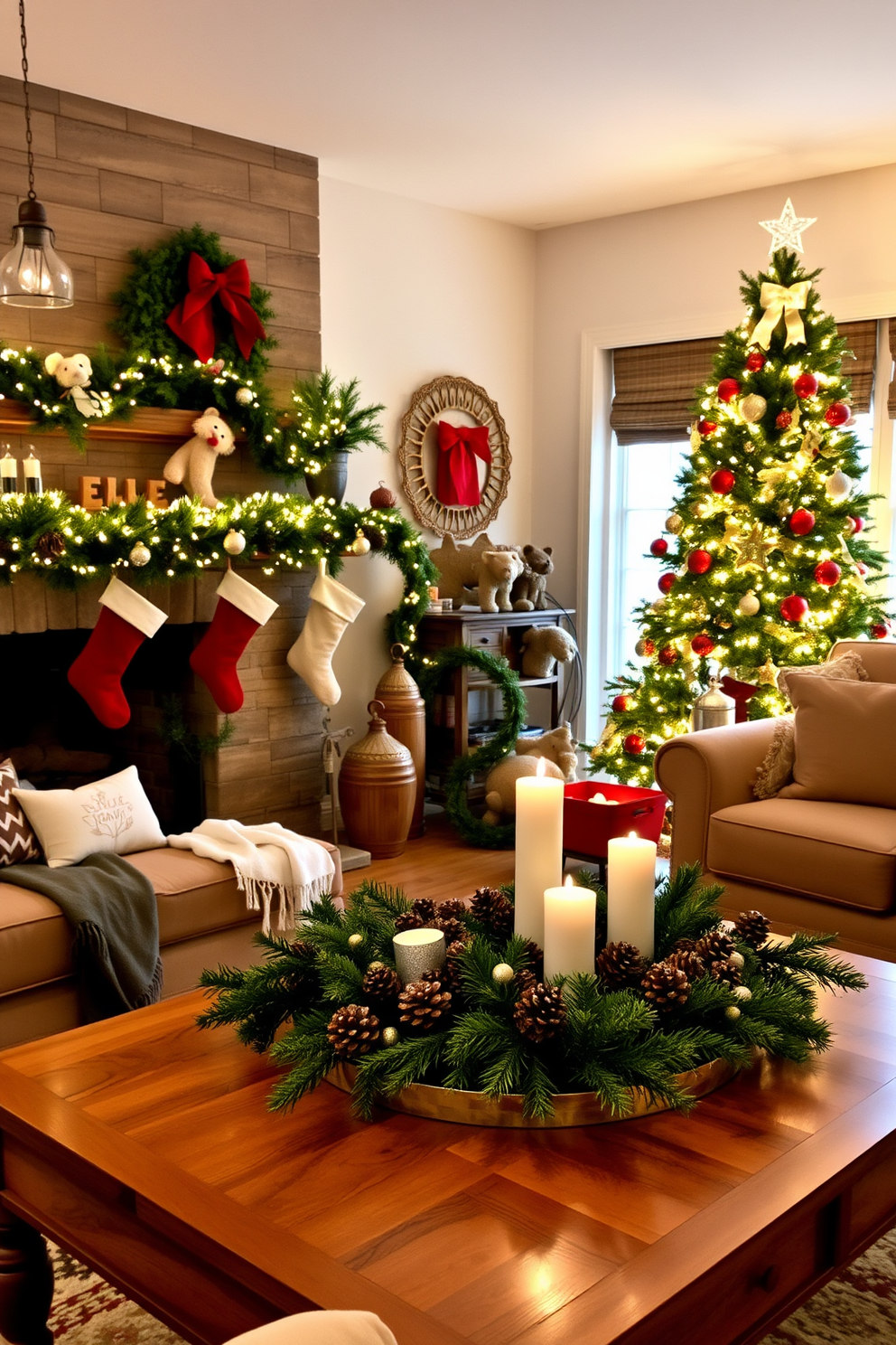 A cozy living room adorned with festive decorations. The air is filled with the warm aroma of cinnamon and nutmeg, as a beautifully decorated Christmas tree stands in the corner, twinkling with lights. A rustic wooden mantel is draped with garlands and stockings, creating a welcoming atmosphere. On the coffee table, a centerpiece of pinecones and candles adds to the holiday charm while inviting guests to gather around.