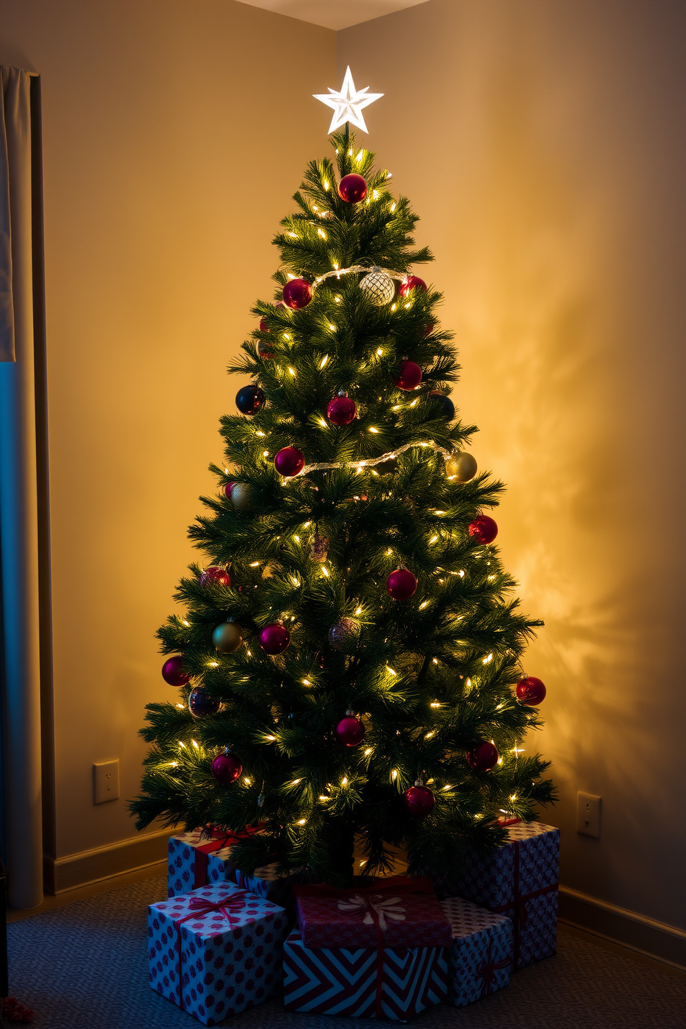 A beautifully decorated Christmas tree stands in the corner of a cozy living room. Warm white lights twinkle gently among the lush green branches, creating a festive glow that fills the space with holiday cheer. Colorful ornaments in shades of red and gold hang from the tree, while a sparkling star crowns the top. Beneath the tree, neatly wrapped presents in festive paper are arranged, inviting family and friends to gather and celebrate.