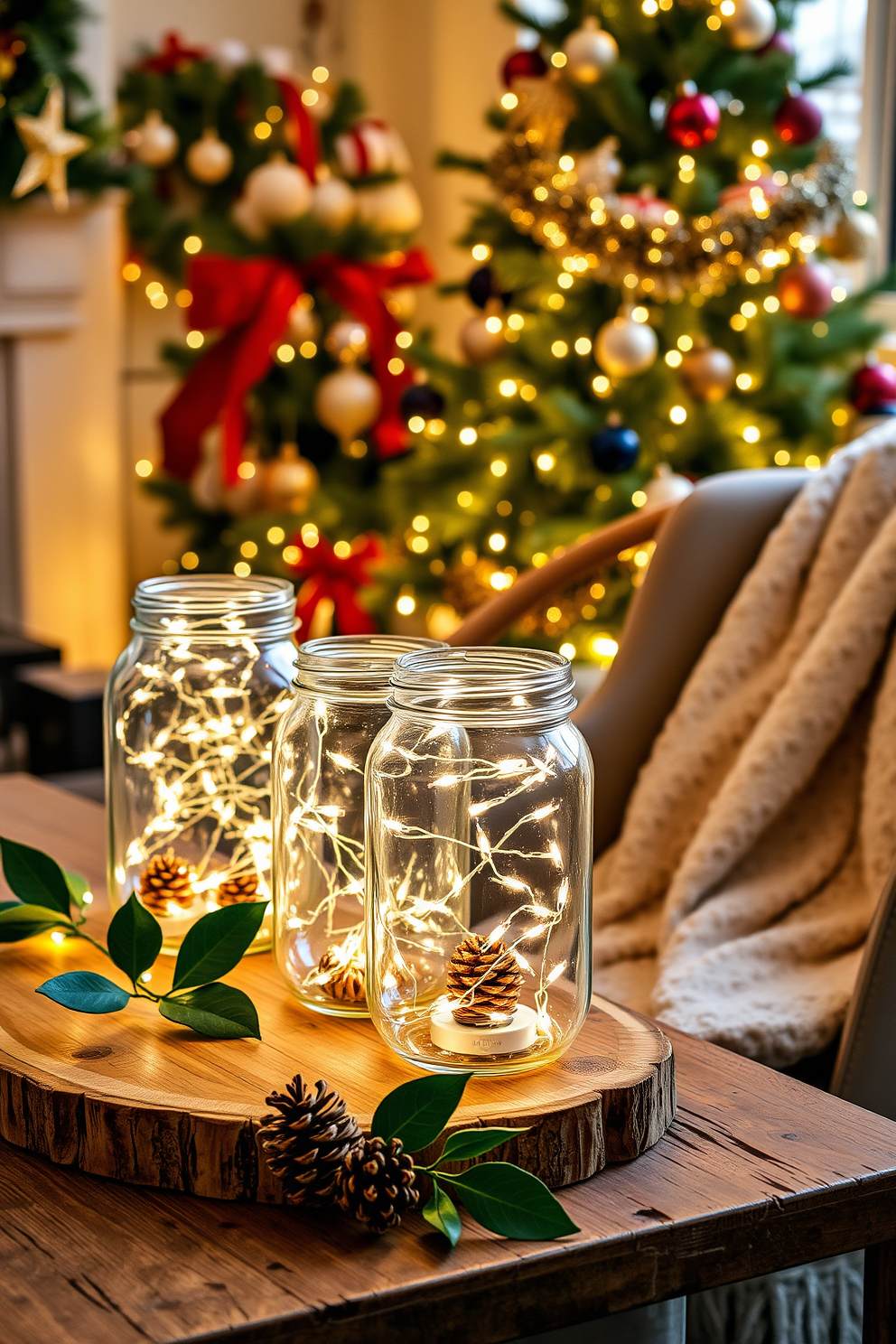 Twinkling fairy lights are elegantly arranged inside glass jars, creating a warm and inviting ambiance. The jars are placed on a rustic wooden table, surrounded by festive decorations like pinecones and holly leaves. In the background, a beautifully adorned Christmas tree glimmers with ornaments and garlands. Soft, cozy blankets are draped over a nearby chair, inviting guests to relax and enjoy the holiday spirit.