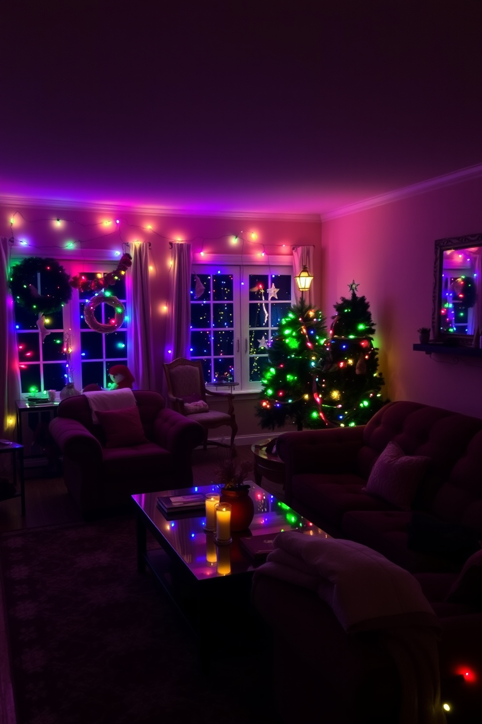 A cozy living room adorned with colorful string lights draped around the windows. The lights cast a warm glow, enhancing the festive atmosphere of the Christmas decorations throughout the space.