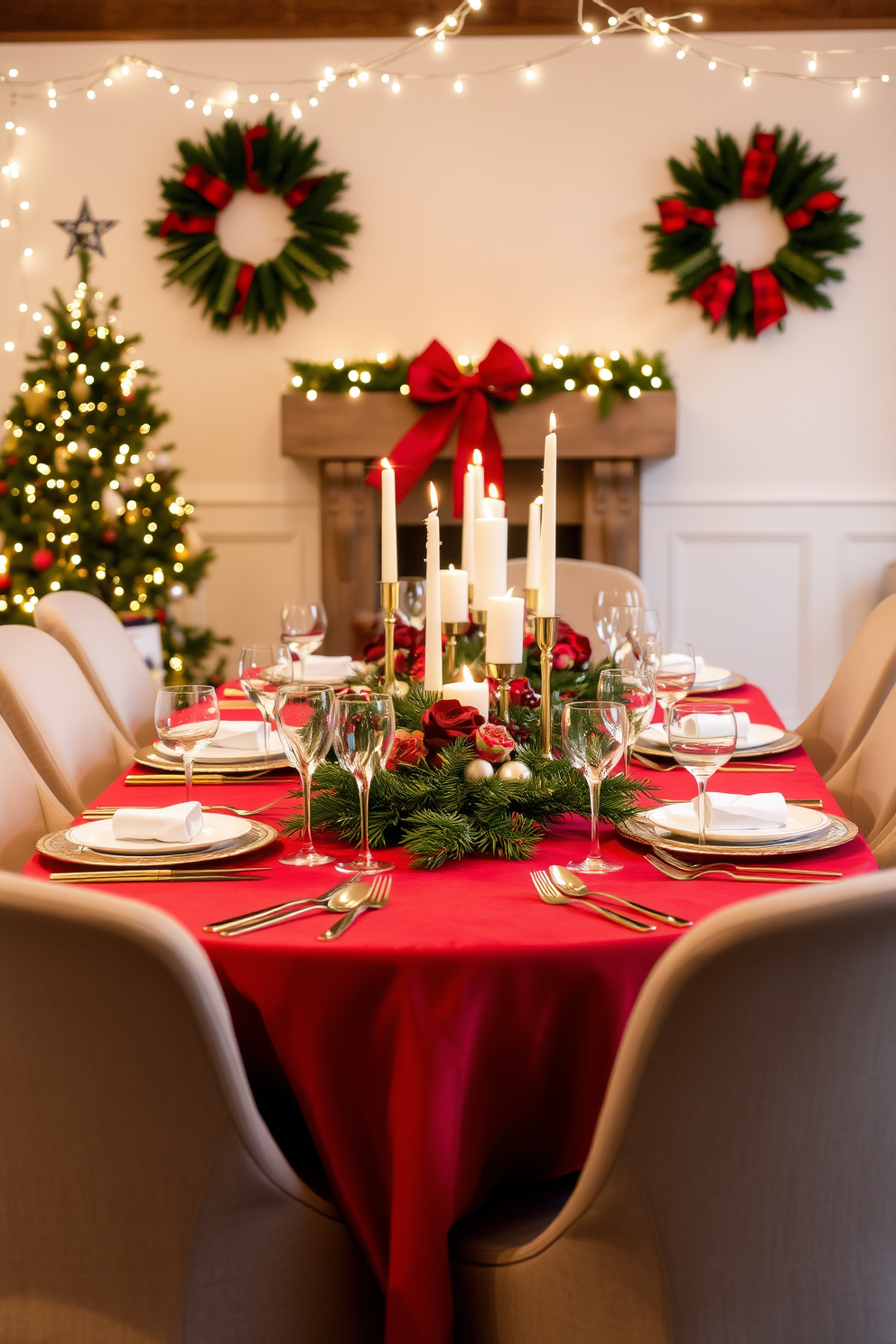 A beautifully arranged festive table setting for a holiday meal. The table is adorned with a rich red tablecloth, elegant gold cutlery, and sparkling crystal glassware, with a centerpiece of seasonal greenery and candles. Surrounding the table are comfortable upholstered chairs, each draped with a cozy plaid throw. Soft white fairy lights twinkle above, creating a warm and inviting atmosphere for Christmas celebrations.