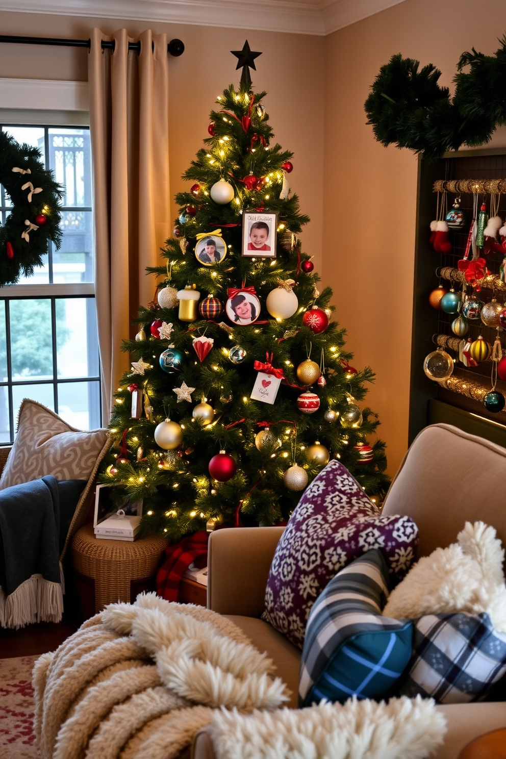 A cozy living room adorned with personalized ornaments that celebrate family memories. The Christmas tree is beautifully decorated with unique handmade decorations, twinkling lights, and sentimental family photos hung on the branches. In the corner, a festive display features a collection of cherished ornaments from past holidays. Plush throw blankets and seasonal pillows add warmth to the space, creating an inviting atmosphere for family gatherings.