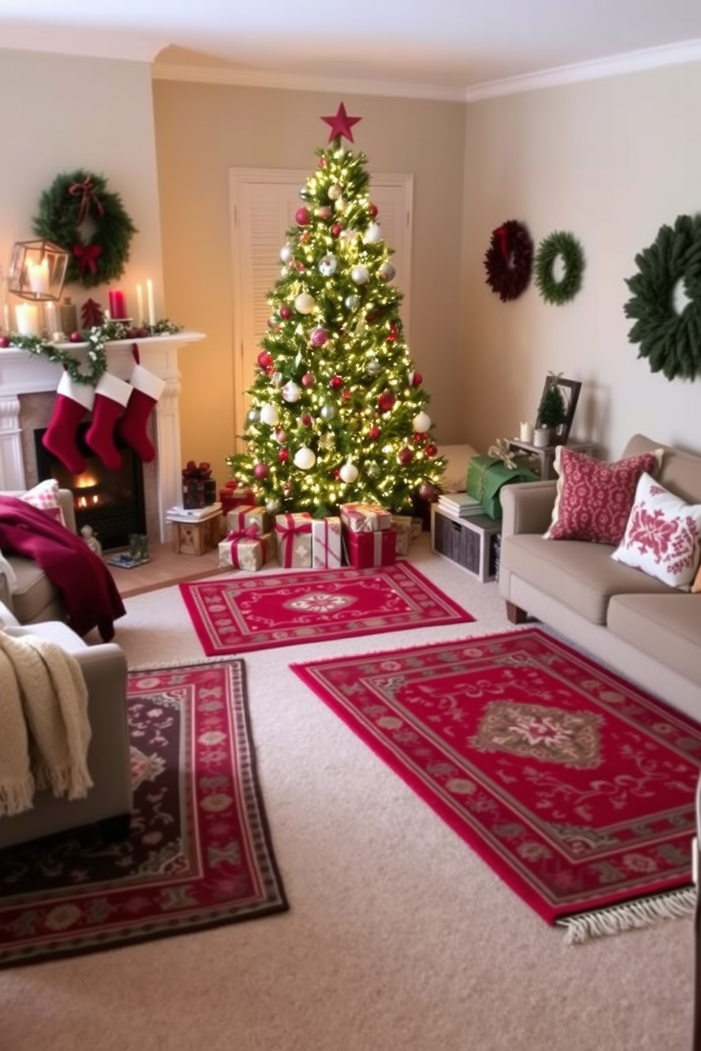 A cozy living room adorned with seasonal throw rugs that add warmth and texture to the space. The rugs feature festive patterns in rich reds and greens, complementing the holiday decor throughout the room. A beautifully decorated Christmas tree stands in the corner, surrounded by wrapped gifts and twinkling lights. Stockings hang from the mantel, and candles flicker softly, creating a warm and inviting atmosphere.