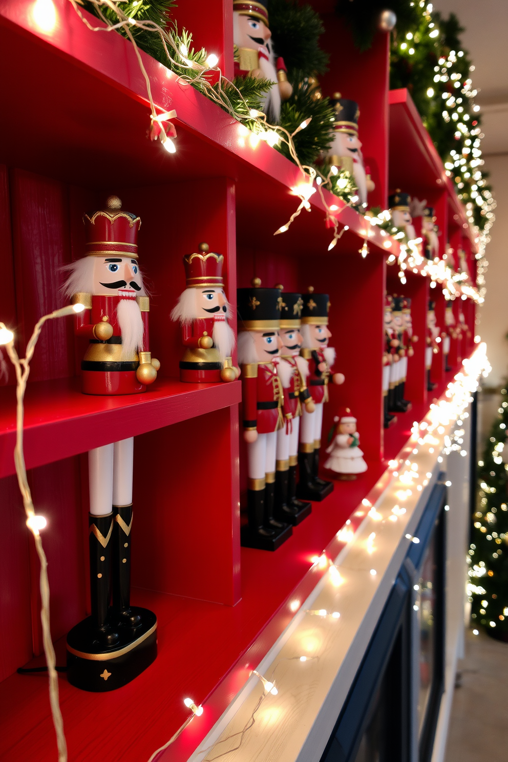 Charming nutcracker figures are displayed on wooden shelves adorned with twinkling fairy lights. The shelves are painted in a festive red color, creating a warm and inviting atmosphere for the holiday season.