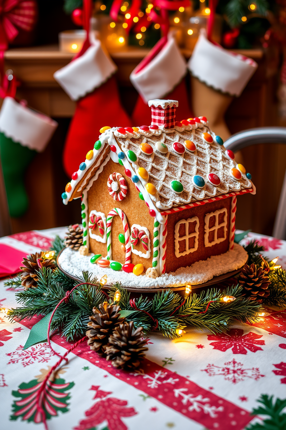 A charming gingerbread house display sits on a festive table adorned with red and green decorations. The house features colorful candy accents, icing details, and a dusting of powdered sugar to mimic snow, creating a delightful holiday centerpiece. Surrounding the gingerbread house are twinkling fairy lights and small pinecones, enhancing the cozy Christmas atmosphere. Stockings hang nearby, filled with treats, adding to the warmth and cheer of the holiday season.