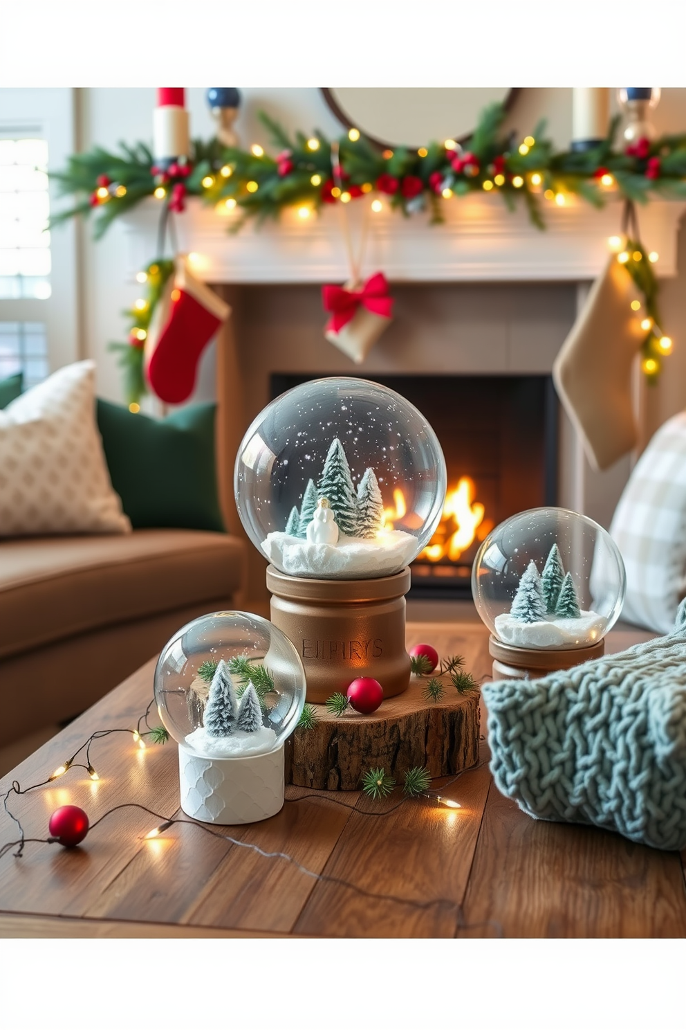 A cozy living room adorned with DIY snow globes, each showcasing a miniature winter wonderland. The globes are placed on a rustic wooden coffee table, surrounded by twinkling fairy lights and festive ornaments. On the mantel, a garland of pine branches and red berries complements the snow globes. Plush throw pillows in holiday colors add warmth to the seating area, creating a welcoming atmosphere for Christmas gatherings.