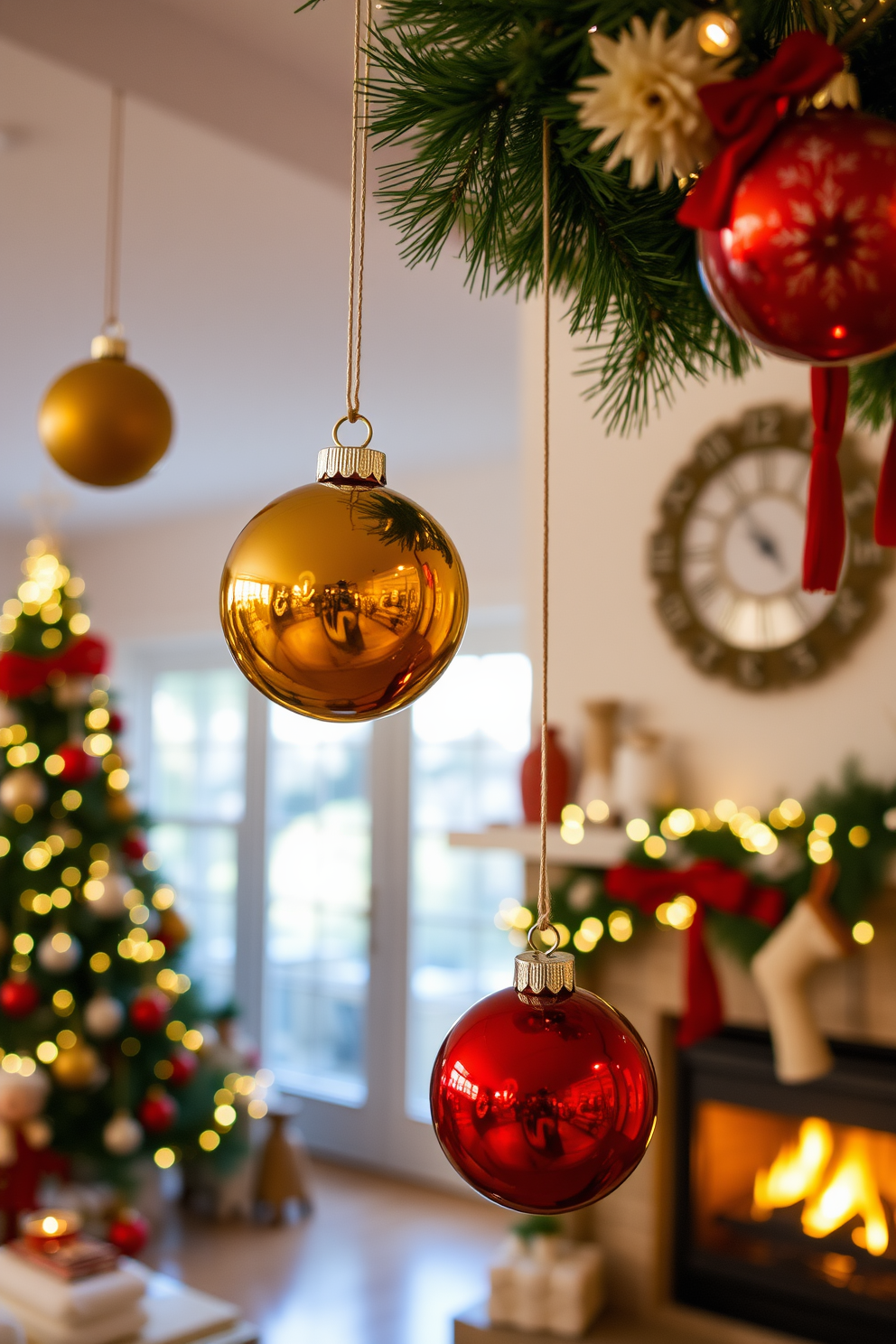 Create a cozy Christmas home decorating scene featuring hanging ornaments from ceiling hooks. The room is filled with festive colors, with twinkling lights reflecting off the ornaments and a warm glow emanating from a nearby fireplace.