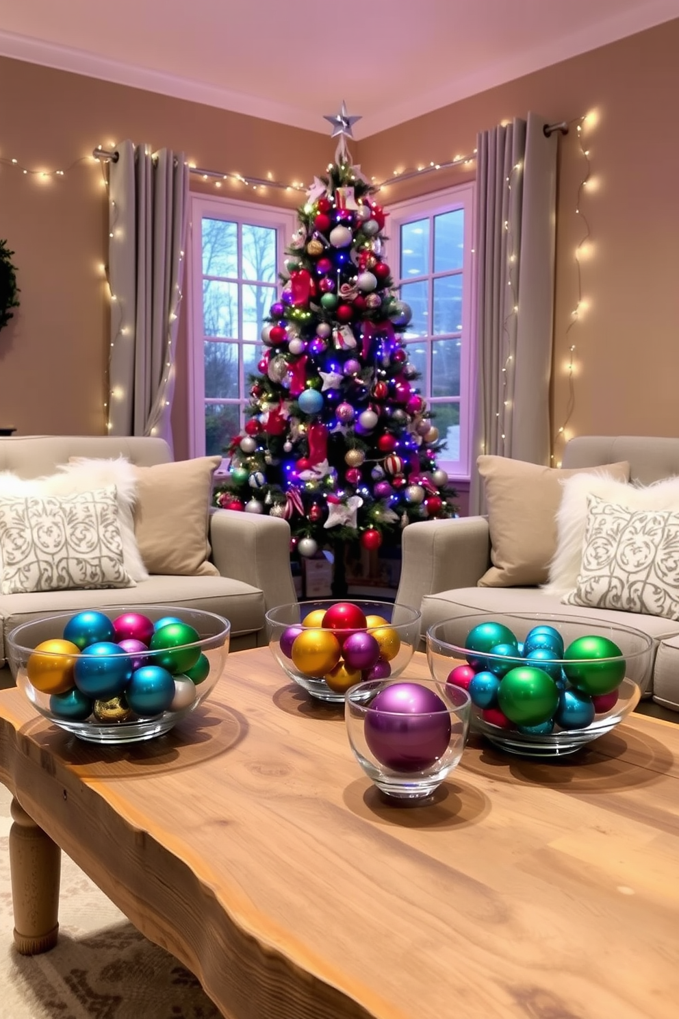 A cozy living room adorned with colorful ornaments in glass bowls. The bowls are placed on a rustic wooden coffee table, surrounded by soft, plush cushions on a neutral-toned sofa. The walls are painted in a warm beige, and twinkling fairy lights are draped around the windows. A beautifully decorated Christmas tree stands in the corner, adding a festive touch to the inviting atmosphere.