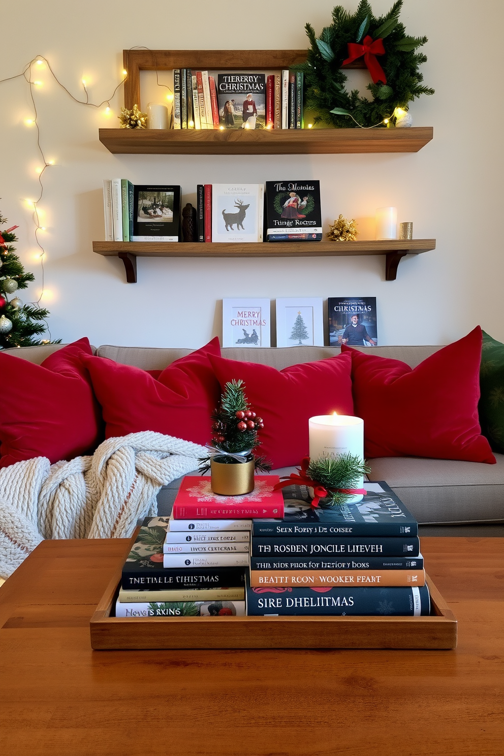 A cozy living room adorned with Christmas-themed books displayed on a rustic wooden shelf. The shelf is decorated with twinkling fairy lights and festive ornaments, creating a warm holiday ambiance. A beautifully arranged coffee table featuring a stack of Christmas books, accompanied by a fragrant candle and a small evergreen centerpiece. The surrounding decor includes plush red and green cushions and a soft throw blanket, enhancing the festive atmosphere.