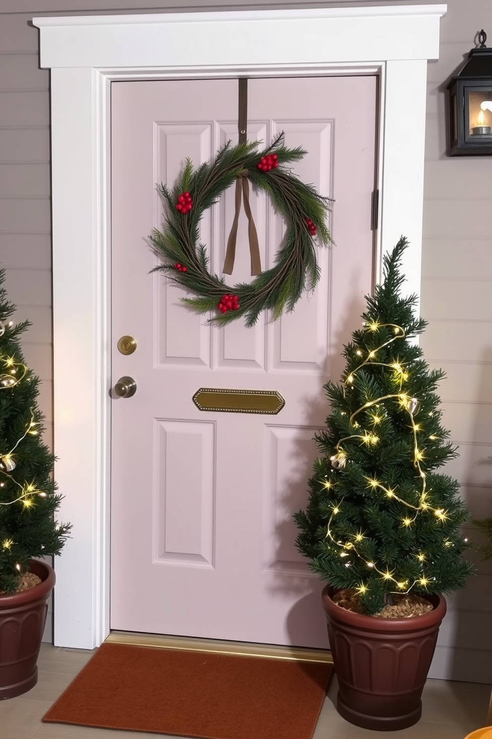 A charming front door adorned with a rustic wreath made of pine branches and red berries welcomes guests. Flanking the door are two potted evergreen trees wrapped in twinkling fairy lights, enhancing the festive atmosphere.