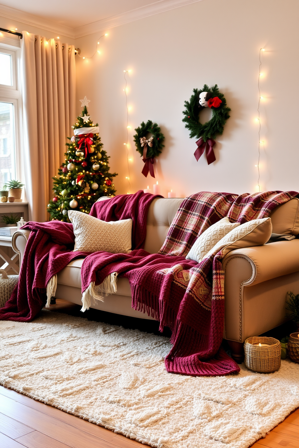 A warm and inviting living room adorned with cozy blankets draped over a plush sofa. The space is enhanced by twinkling fairy lights and festive decorations, creating a cheerful holiday atmosphere.