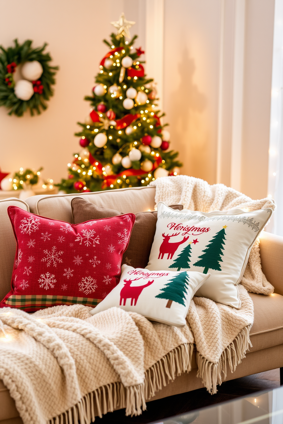 Create a cozy living room scene adorned with festive holiday pillows in various textures and patterns. The pillows should feature traditional Christmas motifs such as snowflakes, reindeer, and Christmas trees, adding warmth and comfort to the space. Include a plush sofa draped with a soft throw blanket and surrounded by twinkling fairy lights. The background should showcase a beautifully decorated Christmas tree, enhancing the festive atmosphere of the room.