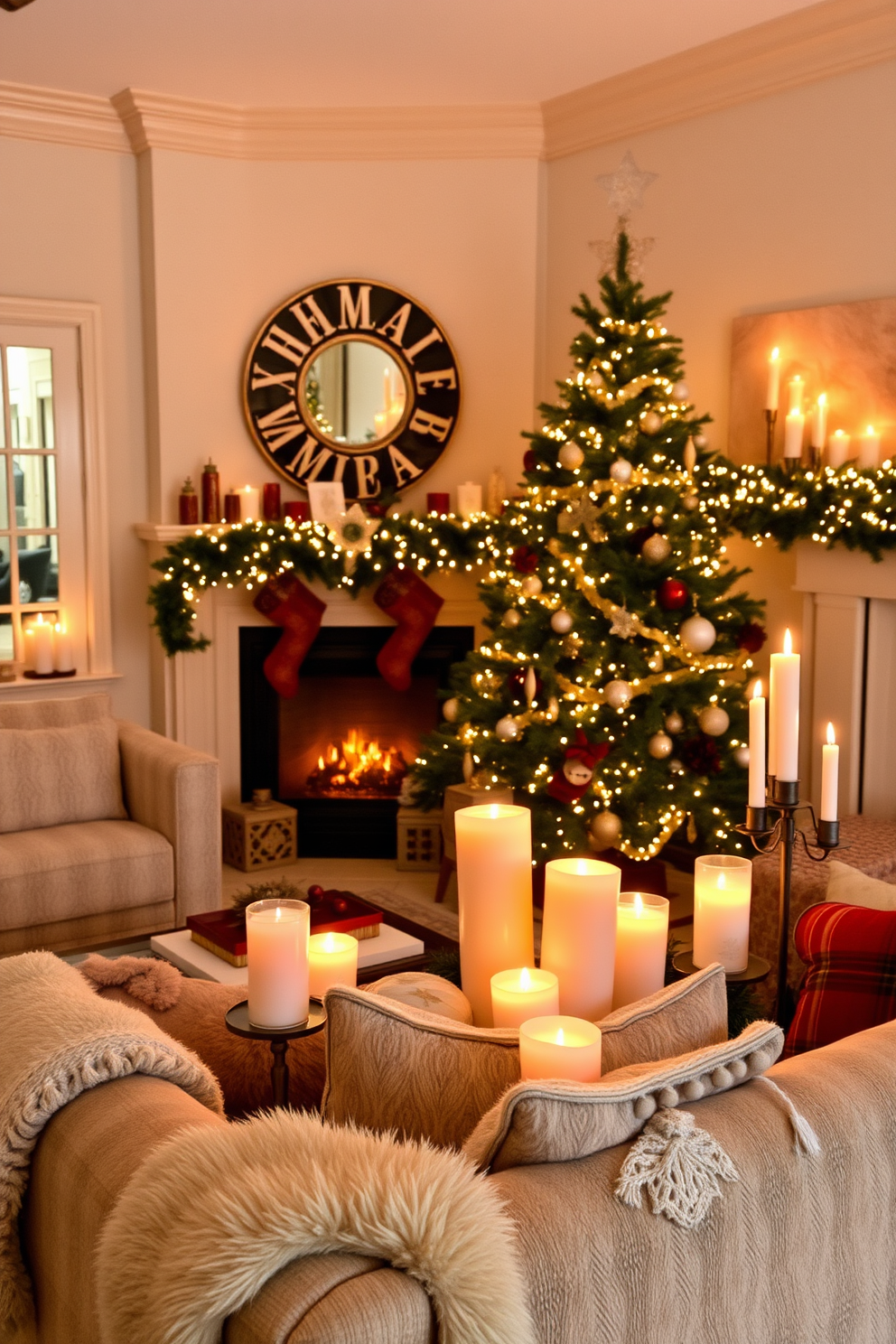 A cozy living room adorned with candle arrangements that create a warm and inviting atmosphere. Soft flickering lights from various candles in elegant holders illuminate the space, enhancing the festive spirit of Christmas. The room features a beautifully decorated tree in one corner, while the mantle is adorned with garlands and twinkling lights. Plush throw blankets and seasonal cushions add comfort, inviting guests to relax and enjoy the holiday ambiance.