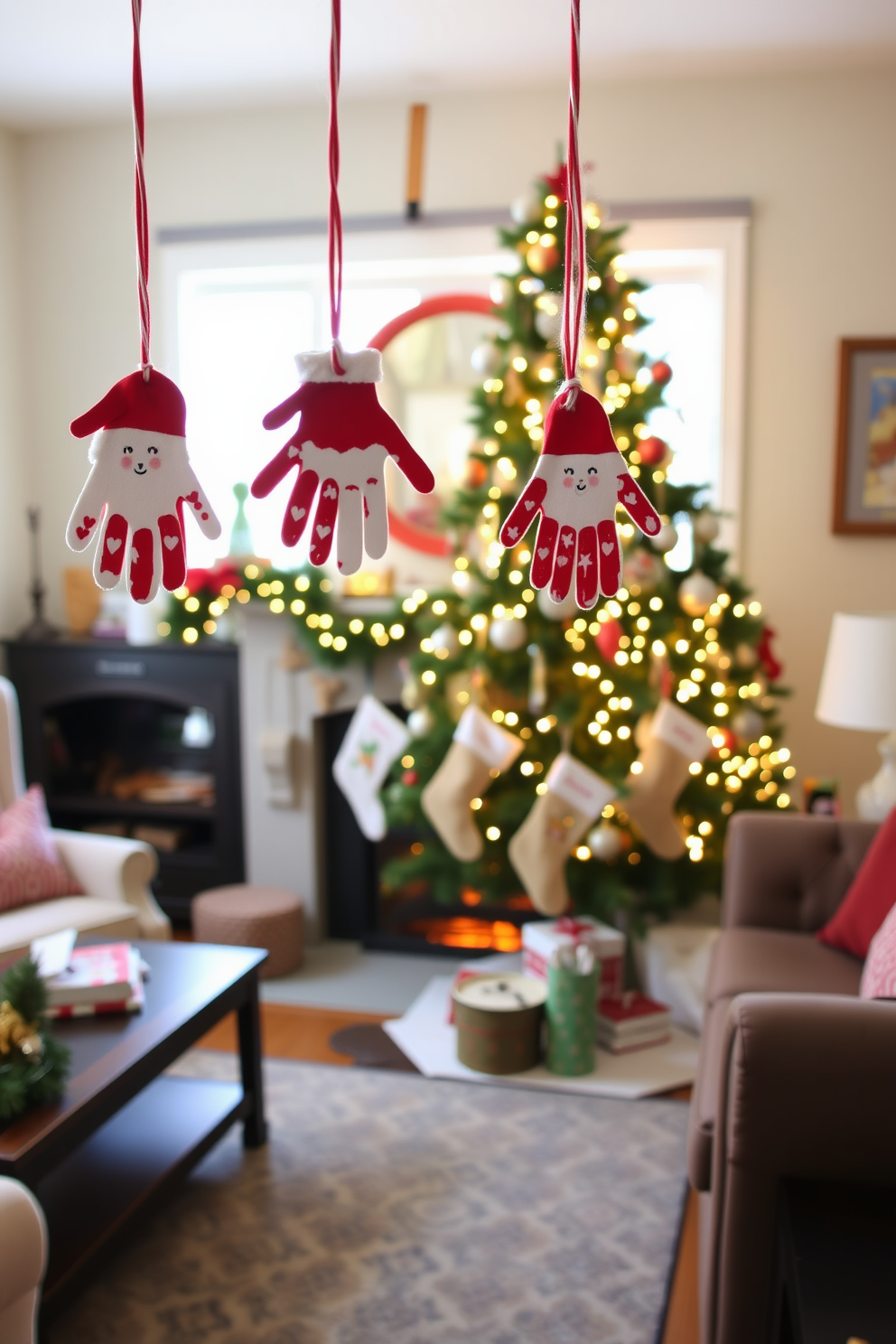 A cozy and festive living room adorned with DIY Santa handprint ornaments hanging from a beautifully decorated Christmas tree. The fireplace is warmly lit, surrounded by stockings and garlands, creating a cheerful holiday atmosphere.