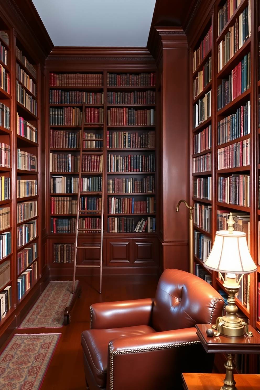 Elegant mahogany bookshelves line the walls of a classic home library, reaching from floor to ceiling and showcasing an extensive collection of books. A rolling ladder rests against the shelves, providing easy access to the highest volumes, while a plush leather armchair invites reading by the warm glow of a vintage floor lamp.