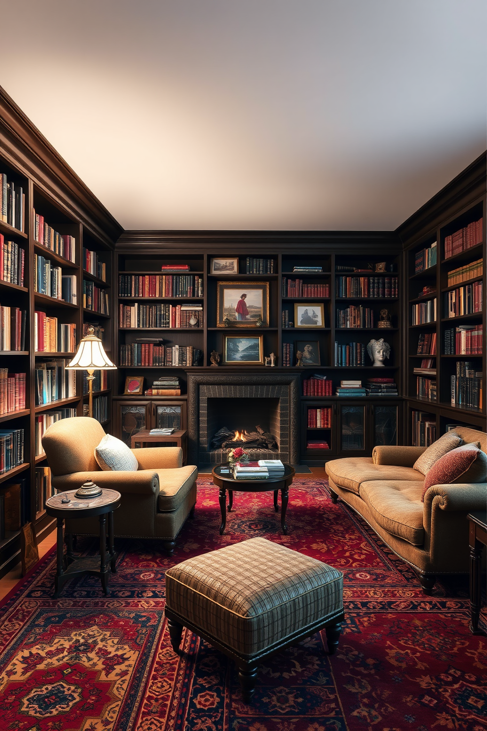 A classic home library with rich wooden bookshelves that reach the ceiling filled with an array of books. A plush leather armchair sits in the corner next to a small side table, illuminated by a vintage brass floor lamp. The walls are adorned with decorative crown molding and trim in a deep mahogany finish, enhancing the elegance of the space. A large window draped with heavy velvet curtains allows natural light to filter in, creating a warm and inviting atmosphere.