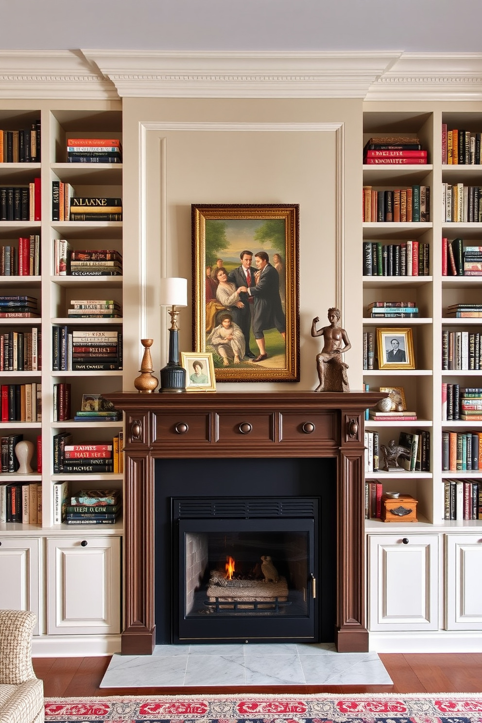 A classic home library featuring built-in bookcases that reach from floor to ceiling. The warm wooden shelves are filled with an array of books, and a sliding ladder rests against one side for easy access to the top shelves.