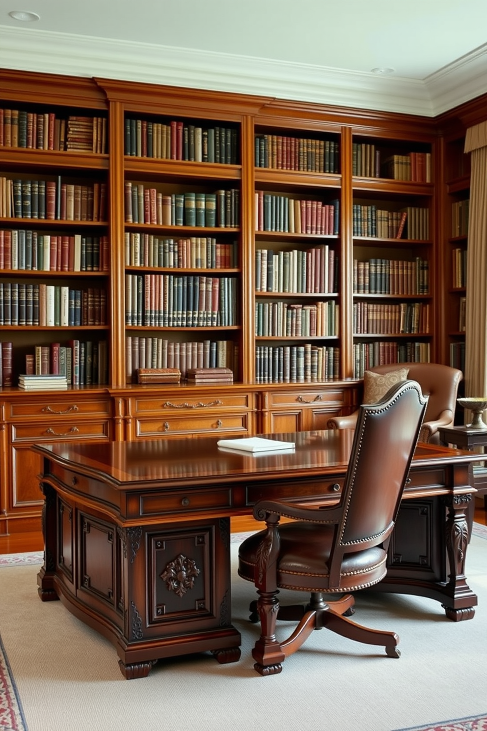 A stately desk with classic design features rich mahogany wood and intricate carvings. The desk is paired with a high-backed leather chair, creating an elegant workspace. Classic home library design ideas include floor-to-ceiling bookshelves filled with a curated collection of books. A comfortable reading nook with a plush armchair and a small side table invites relaxation and contemplation.