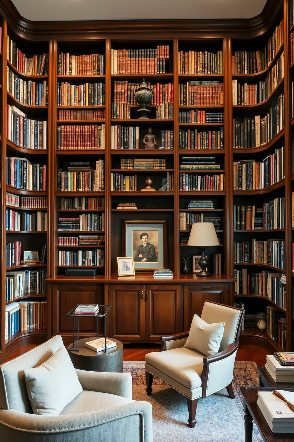 A classic home library features rich wooden bookshelves filled with an array of books. A large, comfortable leather armchair sits in the corner, accompanied by a small side table and a warm reading lamp. The walls are adorned with timeless artwork and framed prints that add character to the space. A plush area rug lies underfoot, enhancing the cozy atmosphere of this inviting retreat.