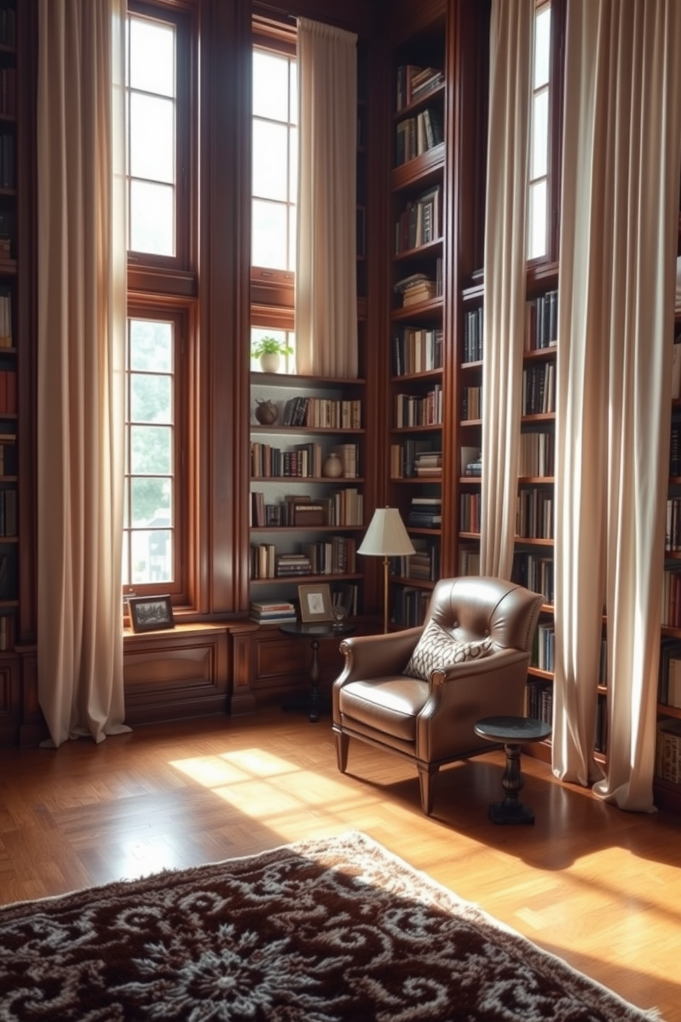 A comfortable chaise lounge upholstered in soft, textured fabric is positioned by a large window, allowing natural light to fill the space. Surrounding the lounge are tall bookshelves filled with an array of books, accented by warm wooden finishes and cozy reading nooks. The classic home library features rich mahogany paneling and elegant crown molding, creating a timeless atmosphere. A plush area rug anchors the seating area, while a vintage globe and antique decor pieces add character to the room.