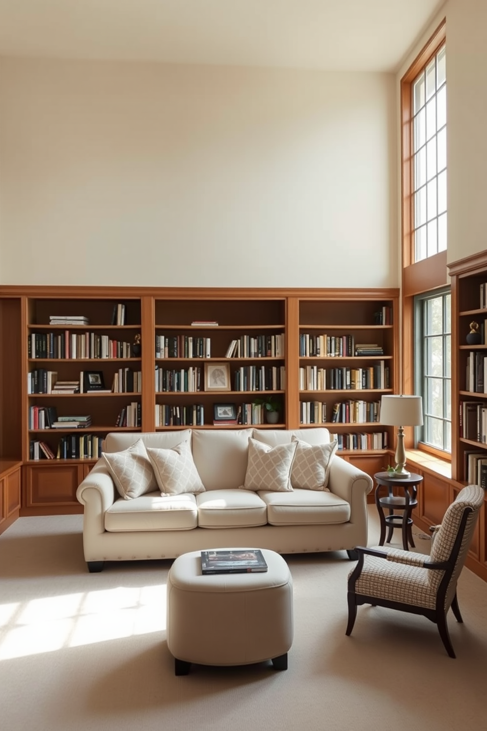 A serene home library featuring a neutral color palette that promotes tranquility. The walls are painted in soft beige, complemented by warm wooden bookshelves filled with an array of books. A plush cream-colored sofa is positioned in the center, adorned with subtle patterned throw pillows. A large window allows natural light to filter in, illuminating a cozy reading nook with a comfortable armchair and a small side table.