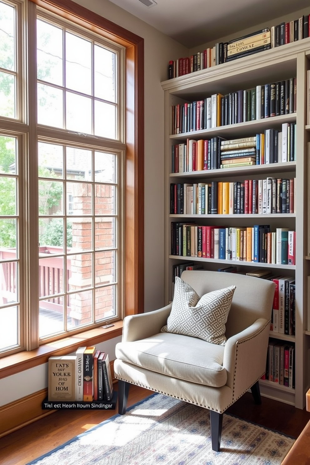 Create a cozy home library featuring personalized bookends that reflect the owner's personality and interests. The shelves are filled with a variety of books, and a comfortable reading chair is positioned near a large window, allowing natural light to illuminate the space.