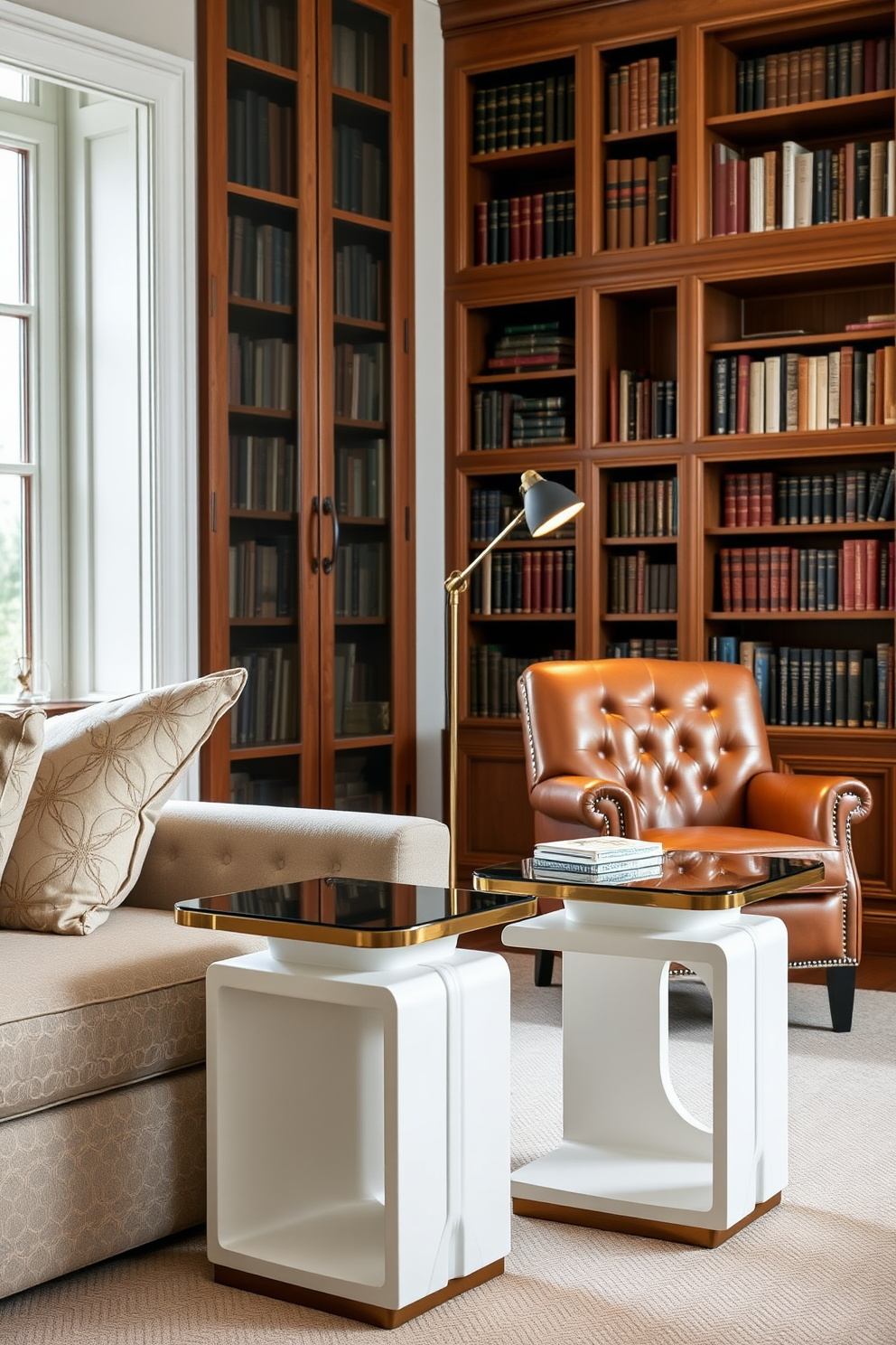 A pair of elegant side tables with a sleek finish sit beside a plush sofa in a cozy living room. Each table features a unique design, one with intricate woodwork and the other with a modern glass top, providing both style and functionality. A classic home library design boasts tall wooden bookshelves filled with a curated collection of books. A vintage leather armchair is placed in the corner, accompanied by a small reading lamp that casts a warm glow, creating an inviting reading nook.