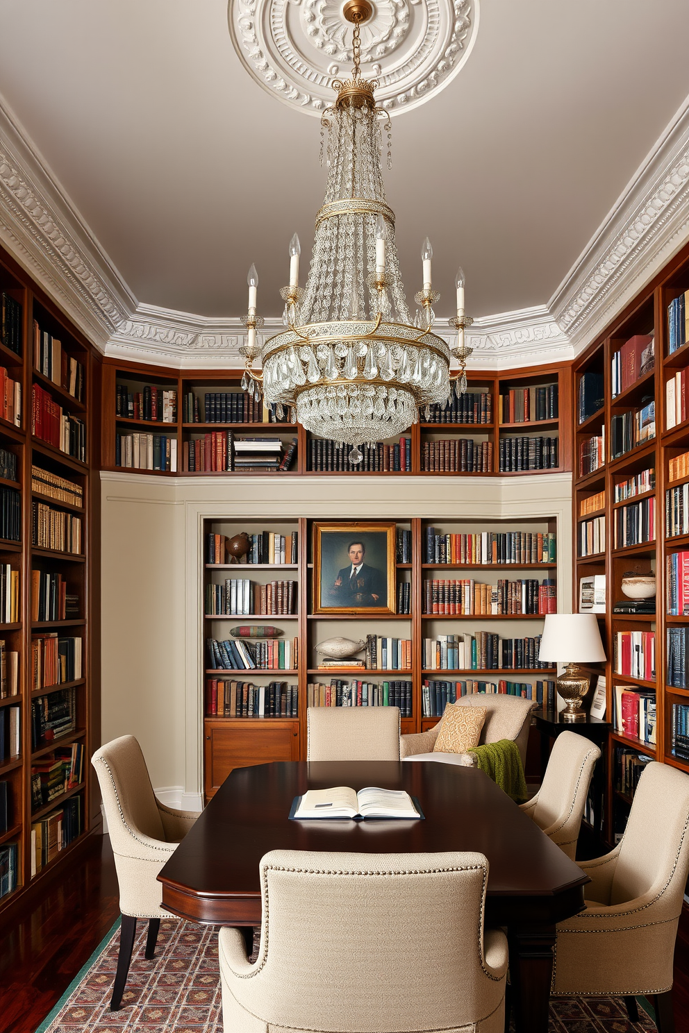 A classic home library features elegant wooden shelves filled with books of various sizes and colors. Decorative bookends in the shape of antique globes support the books, adding both style and function to the space. Rich, dark wood accents and plush leather seating create a warm and inviting atmosphere. A large window allows natural light to filter in, illuminating the cozy reading nook adorned with a soft throw blanket.