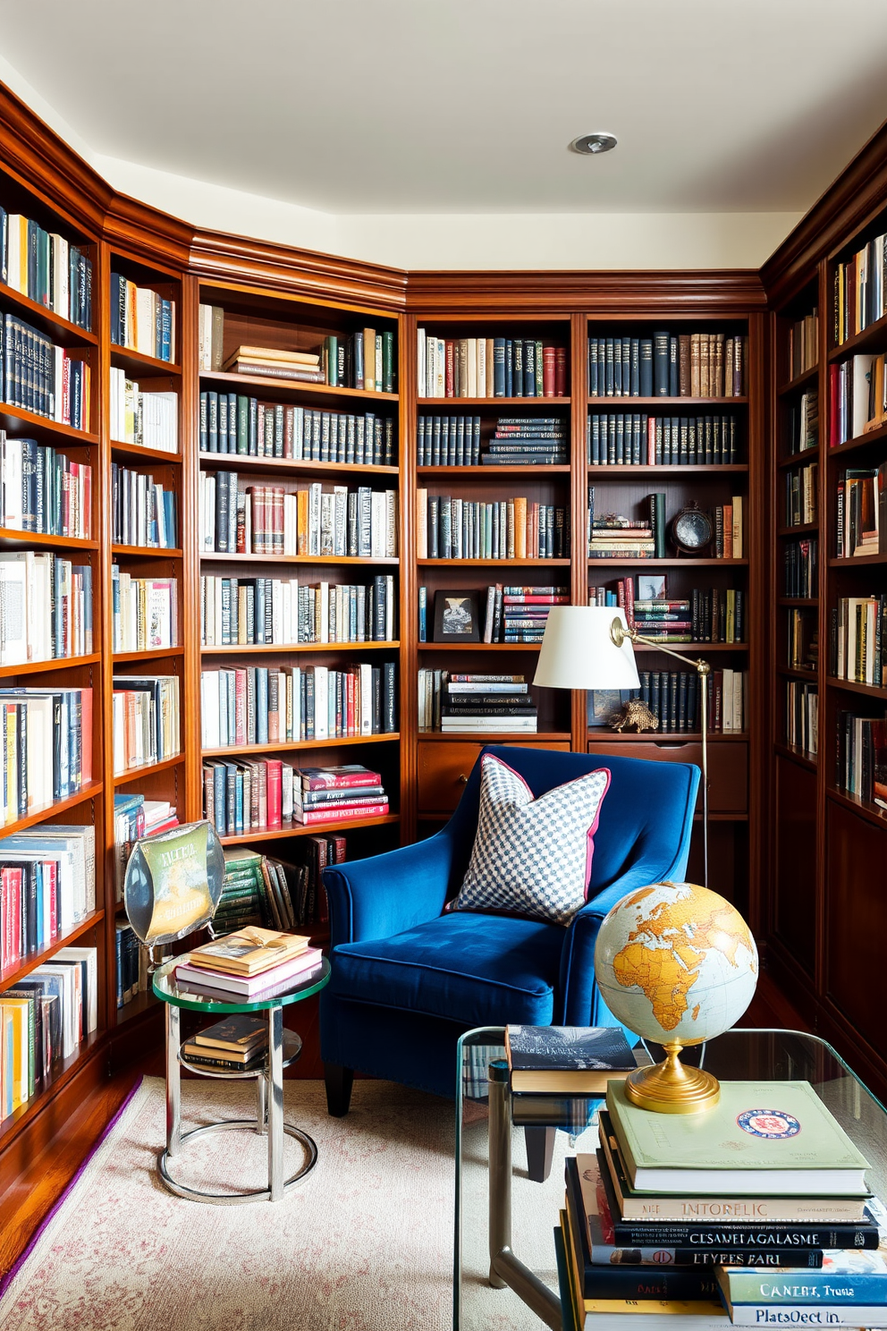 A classic home library featuring a blend of modern and vintage decor. Rich wooden bookshelves line the walls, filled with an array of books and decorative items. A plush velvet armchair in deep blue sits invitingly in the corner, paired with a sleek glass side table. A vintage globe and a modern lamp provide the perfect balance of old and new aesthetics.