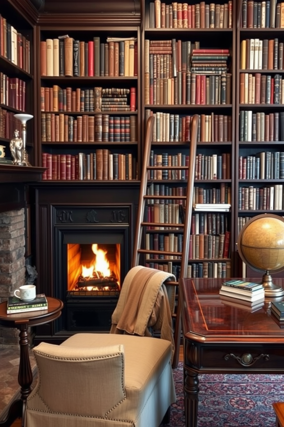 A cozy reading nook by the fireplace features a plush armchair upholstered in soft fabric positioned next to a crackling fire. A small side table holds a steaming cup of tea and a stack of well-loved books, while a warm throw blanket is draped over the armchair. Classic home library design ideas include dark wood bookshelves that reach from floor to ceiling filled with an array of books. A classic ladder leans against the shelves, and a vintage globe sits on a polished mahogany desk, creating an inviting atmosphere for reading and study.