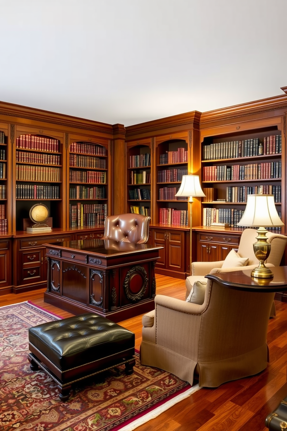 A functional workspace with classic style includes a large mahogany desk with intricate carvings and a comfortable leather chair. The walls are lined with built-in bookshelves filled with leather-bound volumes, and a vintage globe sits on a side table. Classic home library design ideas feature rich wooden paneling and a cozy reading nook with a plush armchair and ottoman. Soft lighting from a brass floor lamp illuminates the space, while a Persian rug adds warmth to the hardwood floor.