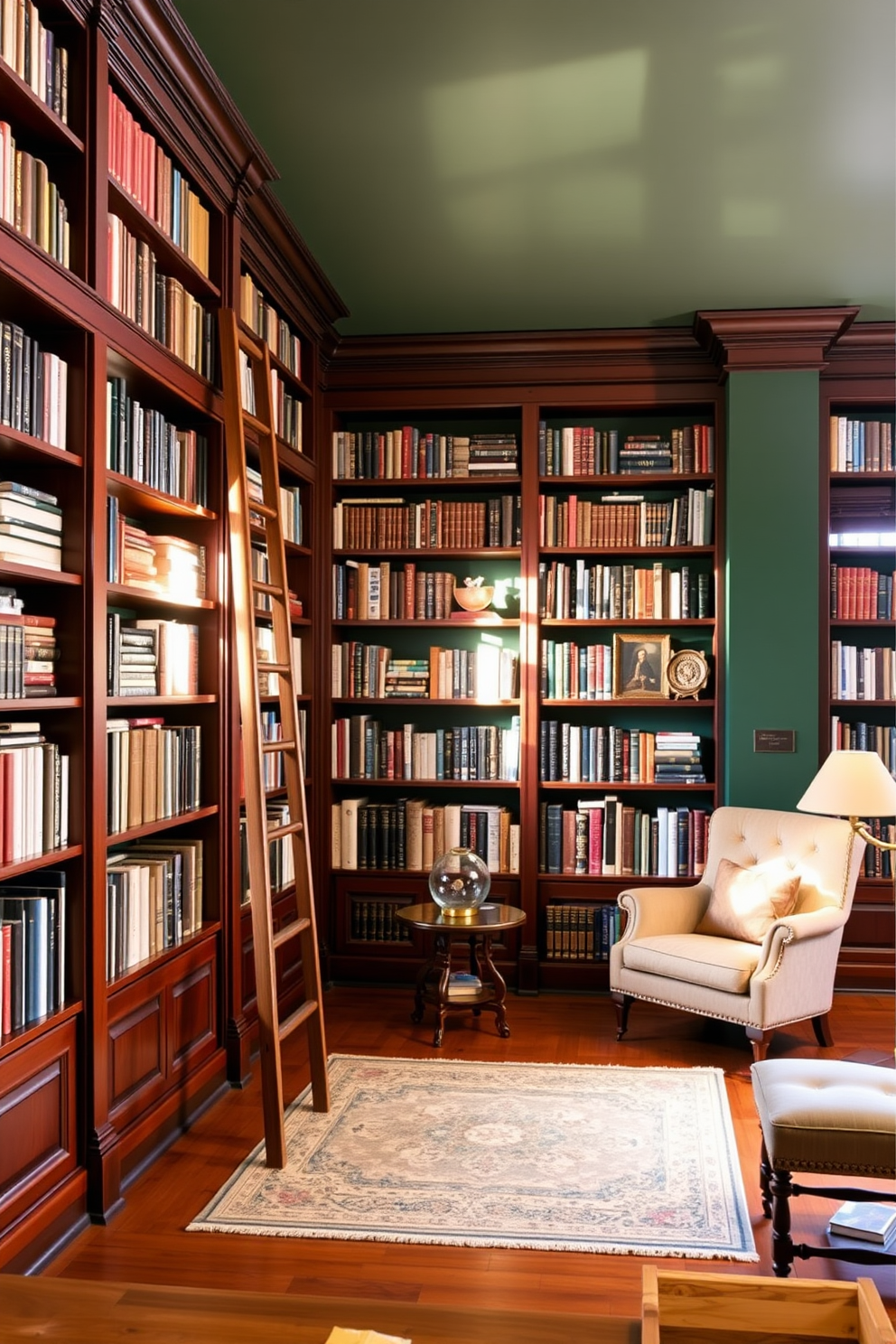 A decorative ladder leans against a wall of rich mahogany bookshelves filled with an array of classic literature and decorative items. The library features a cozy reading nook with a plush armchair and a small side table, bathed in warm, ambient lighting. The space is accented with deep green walls and a soft, patterned area rug that complements the wooden flooring. Large windows allow natural light to filter in, enhancing the inviting atmosphere of this classic home library.