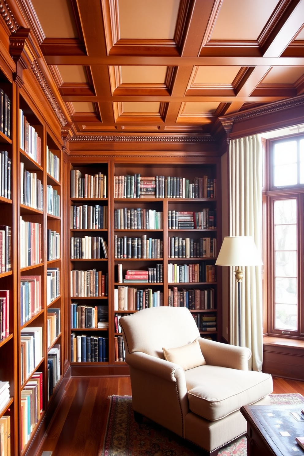 A classic home library features intricate crown molding that adds a touch of sophistication to the space. Rich wooden bookshelves line the walls, filled with an extensive collection of books, while a cozy reading nook with a plush armchair invites relaxation.