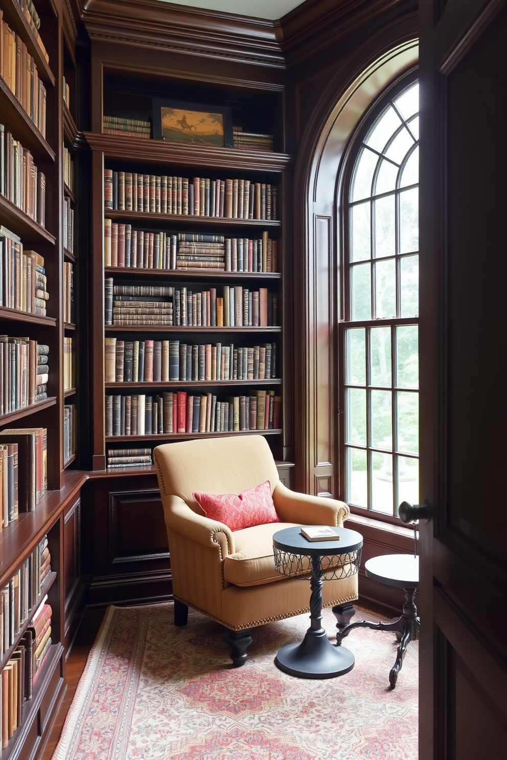 A classic home library featuring dark wooden shelves filled with family heirlooms and antique books. A cozy reading nook with a plush armchair and a small side table sits beneath a large window, allowing natural light to illuminate the space.