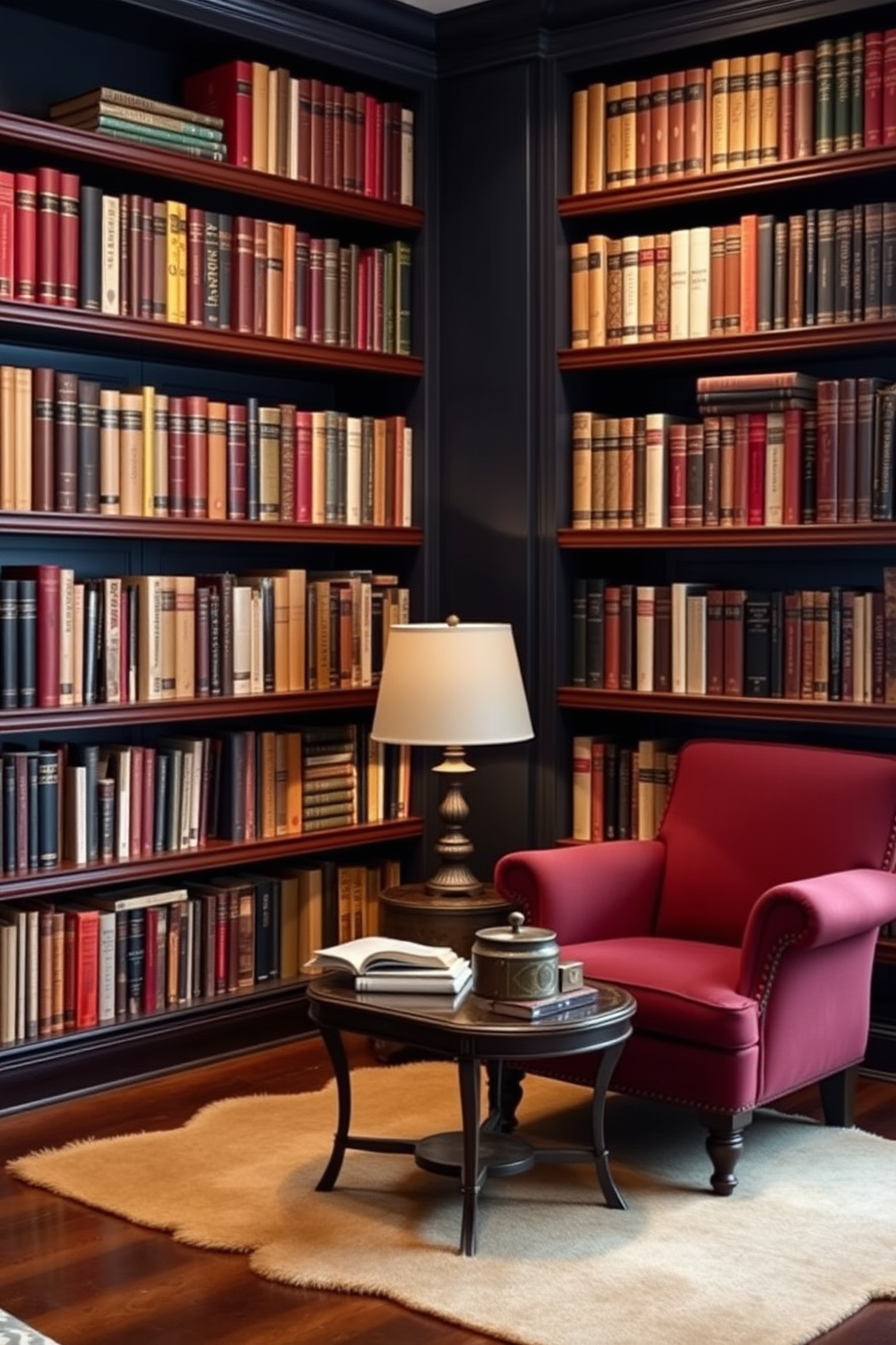 A cozy home library featuring classic novels arranged by color on wooden shelves. The walls are painted a deep navy blue, and a plush armchair in a rich burgundy sits in the corner, inviting readers to settle in with a good book. The shelves are filled with books in gradient shades, creating a visually striking display. A soft area rug in warm tones lies beneath a small coffee table, where a vintage lamp casts a warm glow over the reading nook.