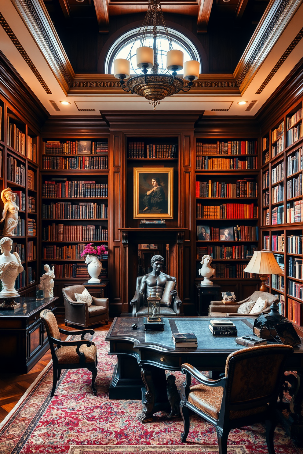 Artistic sculptures are strategically placed throughout the room, adding a touch of elegance and creativity. The library features rich wooden bookshelves filled with an extensive collection of books, complemented by plush seating areas for relaxation. The classic home library design includes a large, ornate wooden desk positioned in front of a grand window that allows natural light to flood the space. Soft, warm lighting fixtures create a cozy atmosphere, enhancing the rich textures of the leather-bound books and antique decor.