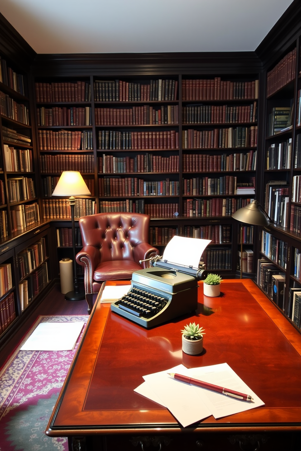 A classic home library featuring a vintage typewriter display. The room is filled with dark wooden bookshelves lined with an extensive collection of books, while a plush leather armchair sits invitingly in the corner. The vintage typewriter is placed elegantly on a polished mahogany desk, surrounded by scattered papers and a small potted plant. Soft, warm lighting illuminates the space, creating a cozy atmosphere perfect for reading and reflection.