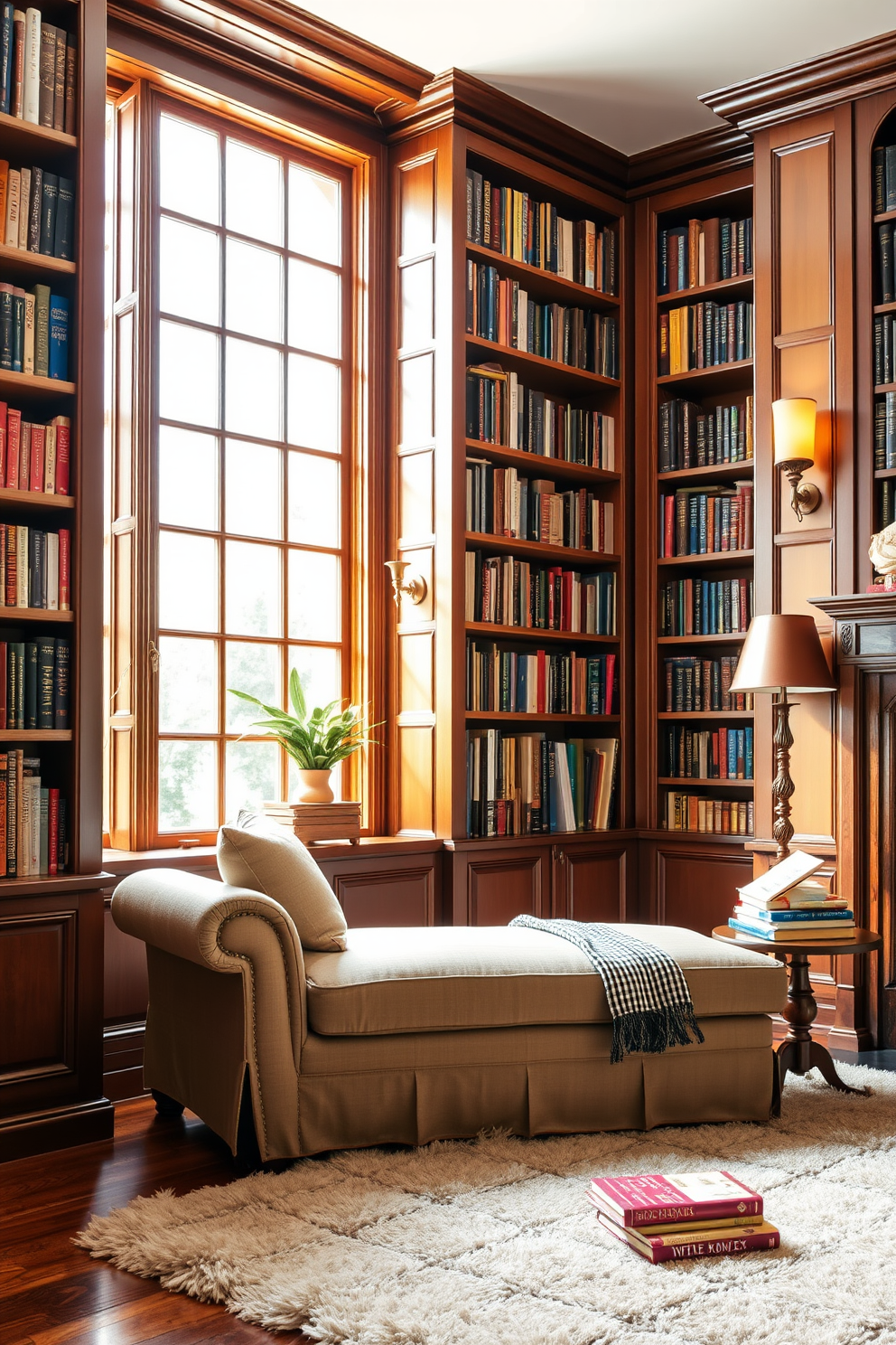 A comfortable chaise lounge upholstered in soft fabric is positioned near a large window, allowing natural light to flood the space. Surrounding the chaise are tall bookshelves filled with an array of books, creating an inviting atmosphere for reading. Rich wooden accents and warm lighting enhance the cozy ambiance of the classic home library. A plush area rug adds comfort underfoot, while a small side table holds a steaming cup of tea and a stack of favorite novels.